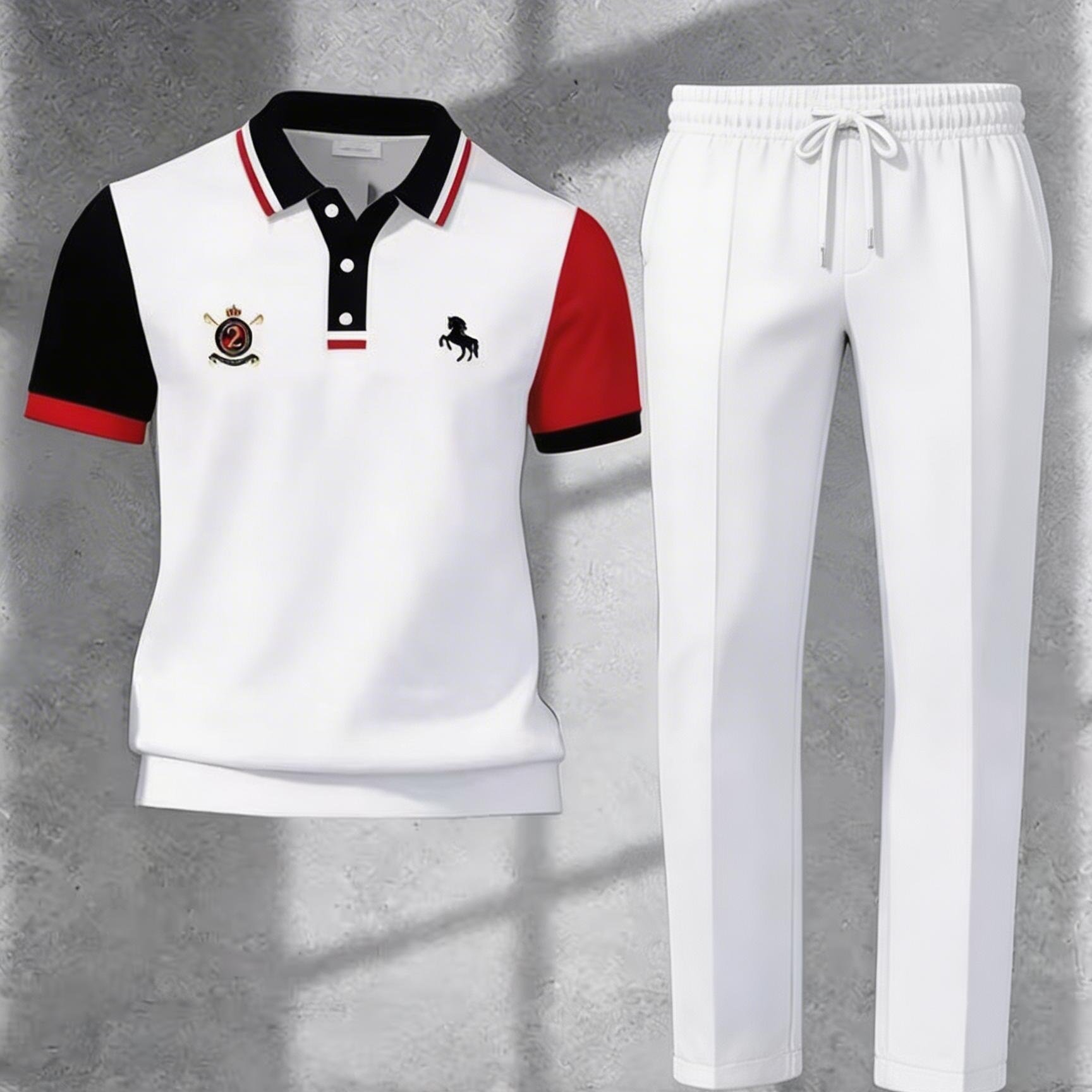 TEMU Ensemble color-block pour homme avec accents de manches et détails brodés, tissu léger et pantalon coupe droite, parfait pour décontractées et