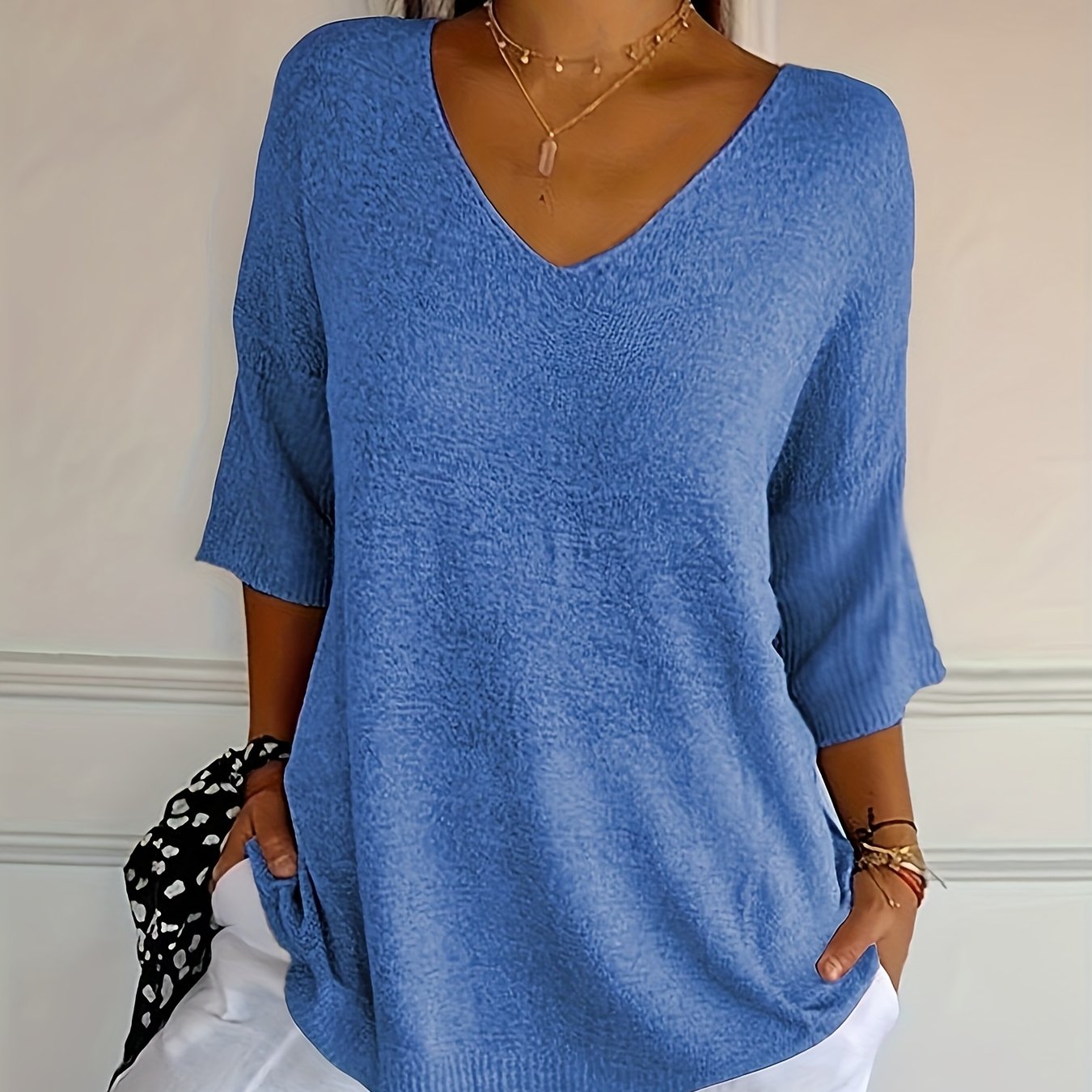 Image of Women's Soft Casual V-neck Sweater - Lightweight 100% Polyester, Semi-/summer Top With Stretch, Versatile Layering Piece For Casual Attire