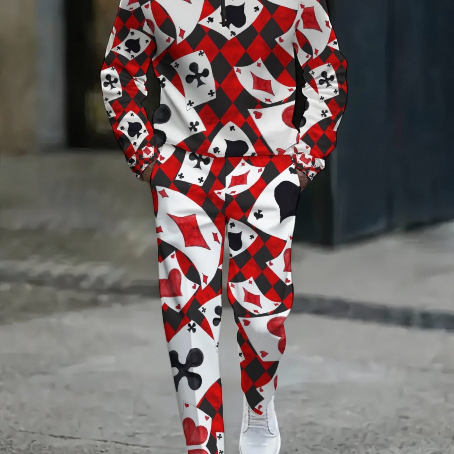 Image of Men's Casual Style 2pcs Outfit With Suit Print Featuring Card Symbols (hearts, Diamonds, Clubs, Spades) - Half- And Long Pants For Adult Men's Fashion, Ideal For Parties, Cosplay, And Casual Wear