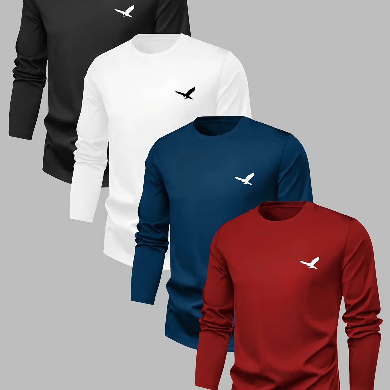 TEMU 4pcs Men's Long Sleeved Round Neck T-shirt- Soft Knit Casual , Eagle Print Breathable Warm Base Shirt, Suitable For Daily And Formal Occasions,