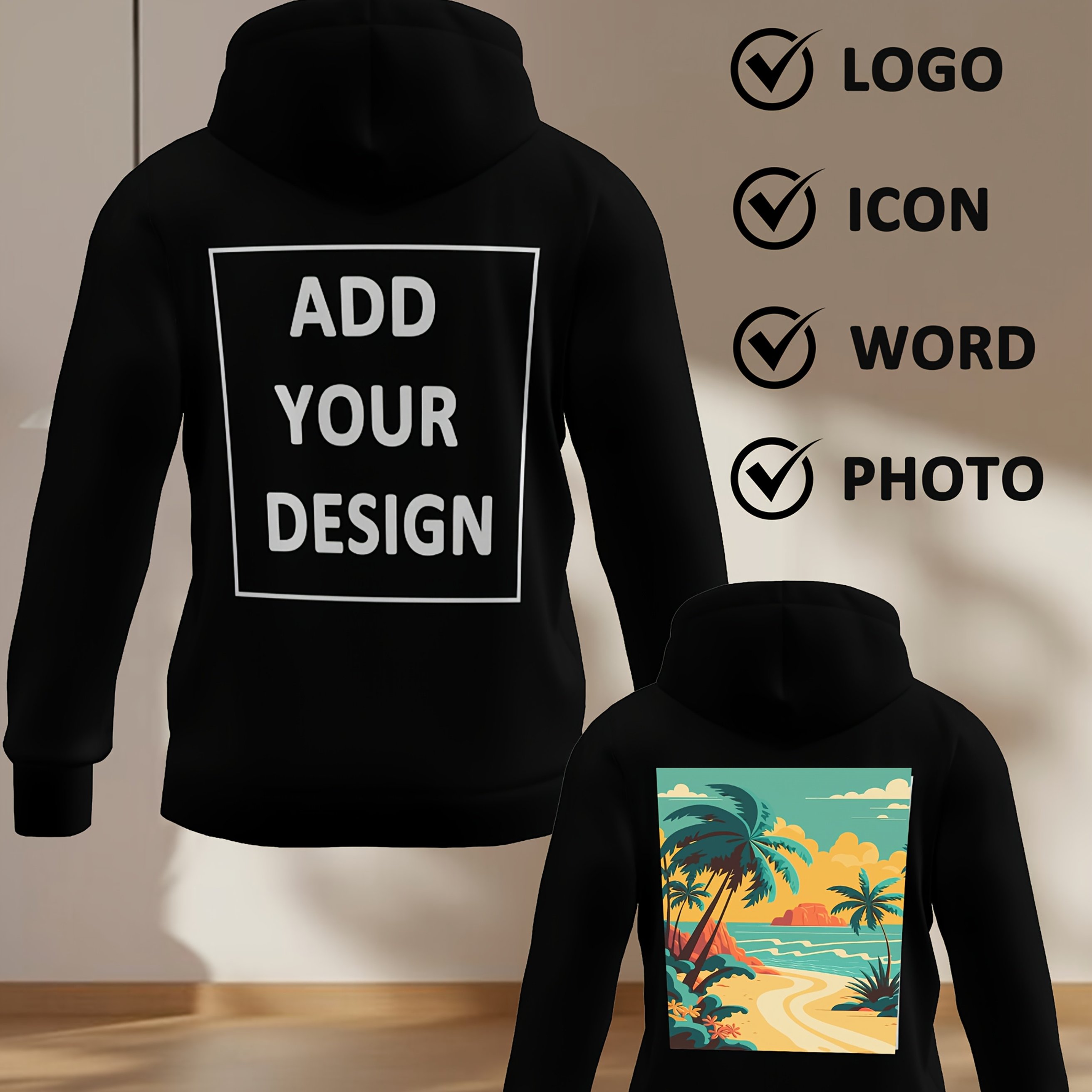 TEMU Customizable Men's Large Size Hooded Jacket - Personalized Text/logo/photo Back Print, Casual Zipper Hoodie For Autumn & Winter, Durable Fabric,