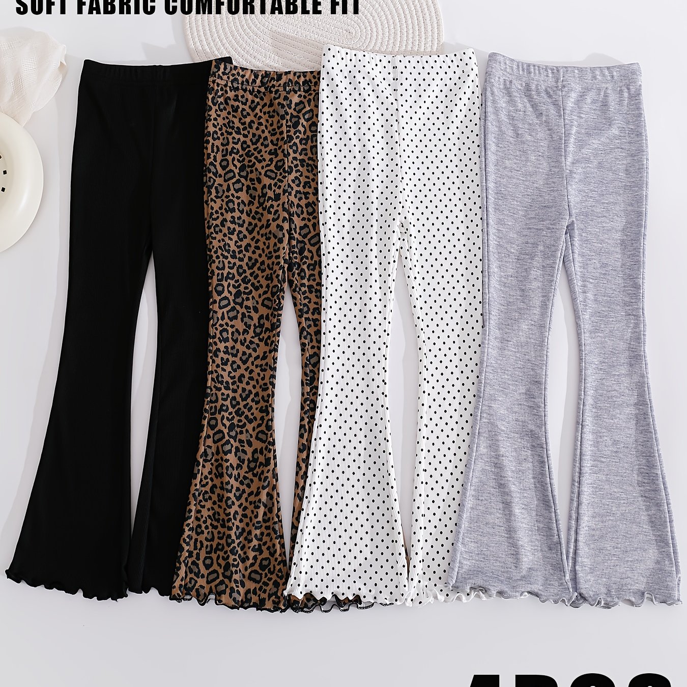 Image of 4-pc Girls' Flared Pants With Details, Mixed Pc, Baby Stretch Flared Leggings, Soft Fabric, , Versatile Styles (solid/leopard/polka Dot), Cute Details, Essential For Daily Trendy Outfits