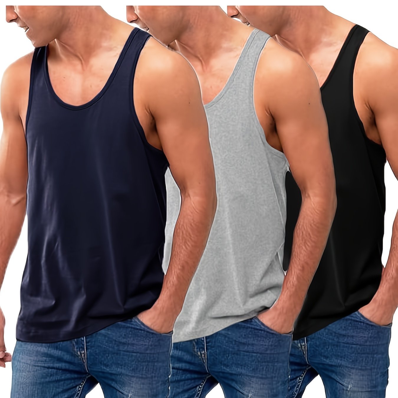 Plus Size Men's 3pcs Casual Tank Top Set, Plus Size