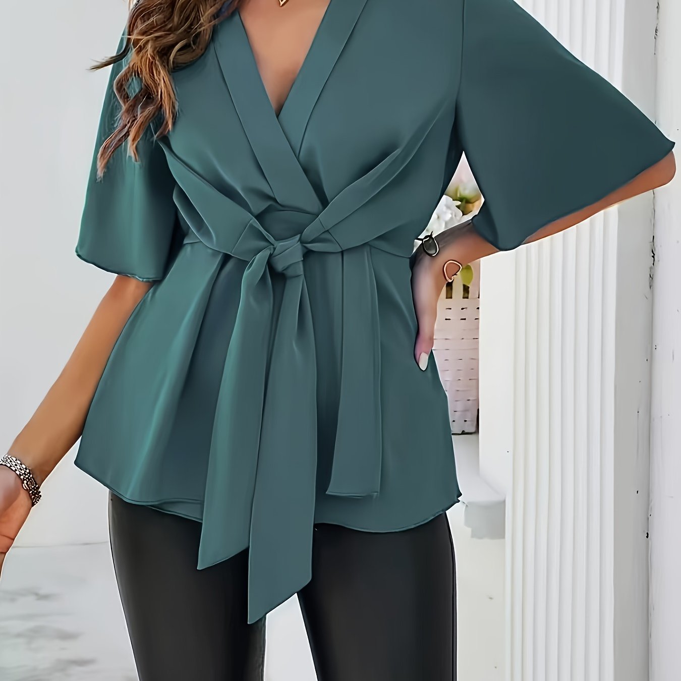 E-shop Damens Elegante V-Ausschnitt Bluse mit Bindeknoten - Einfarbige Kurzarmbluse, Maschinenwaschbarer Undurchsichtiger Stoff für Frühling/Herbst,