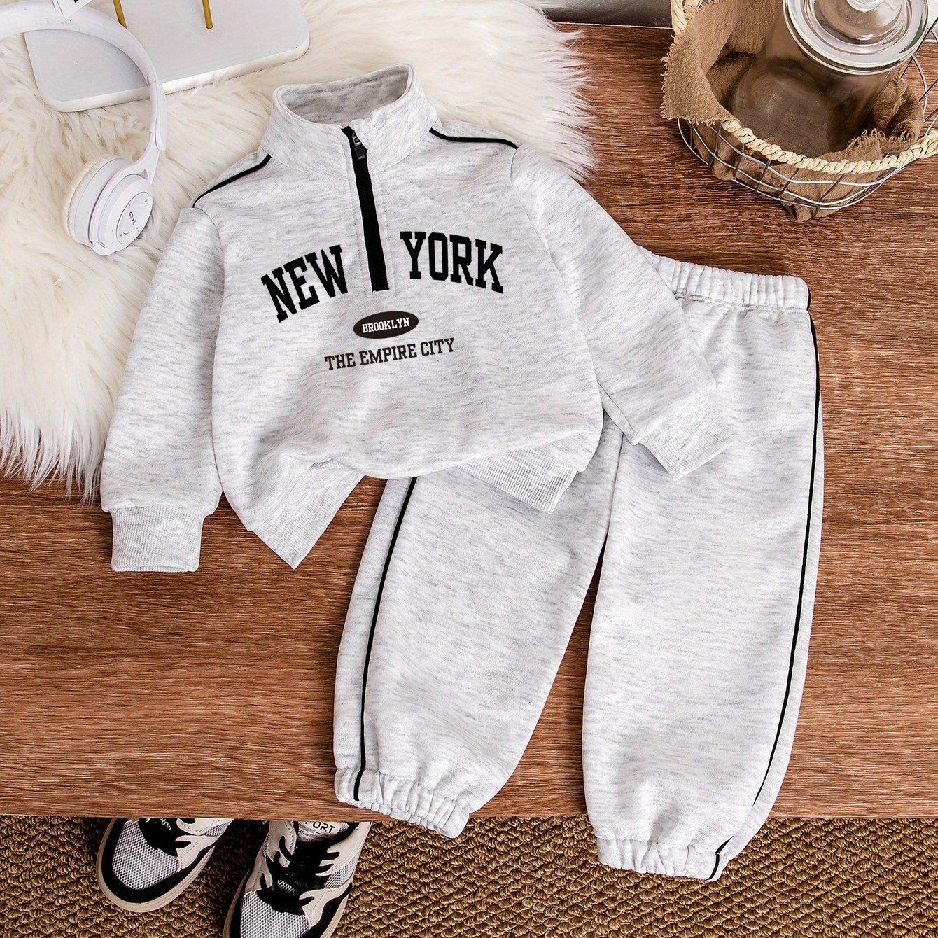 Image of 2pcs Children's Baby Spring Autumn New Small Lapel Letter Print Sweatshirt And Casual Fashion Long Pants, For Outdoor, Christmas, Halloween