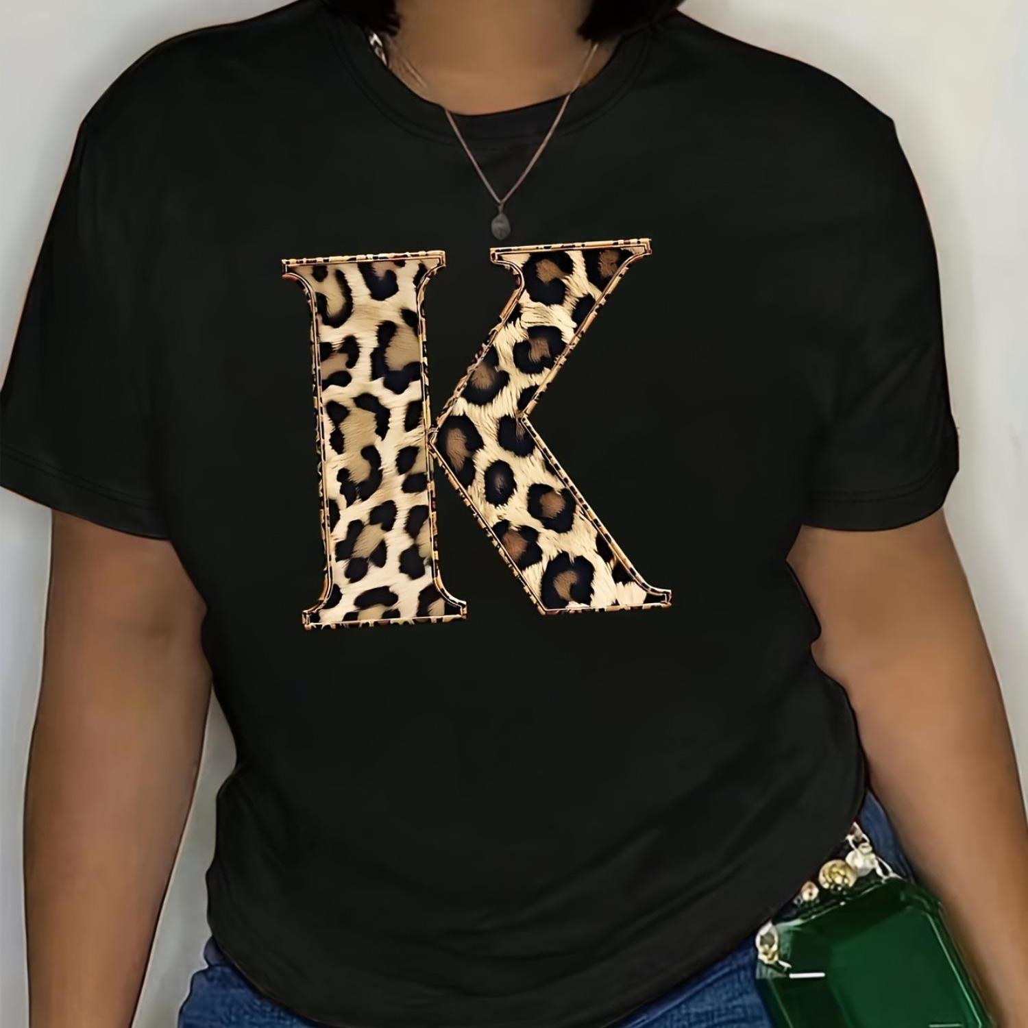 Women's Leopard Print 'k' Graphic Tee - Black Crew Neck Short Sleeve T-shirt, Machine Washable & Dry , Versatile Top For , Leopard Print Shirt