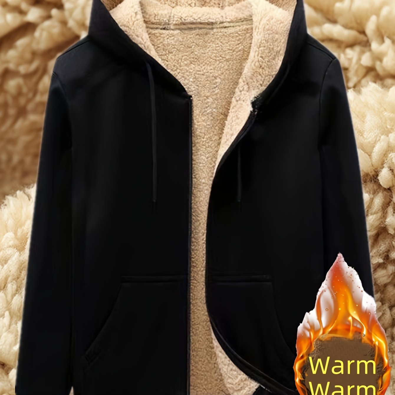 TEMU Thickened Slim Zipper Hoodie, Pocket Warm Jacket, Men's Long Sleeved Hooded Warm Top