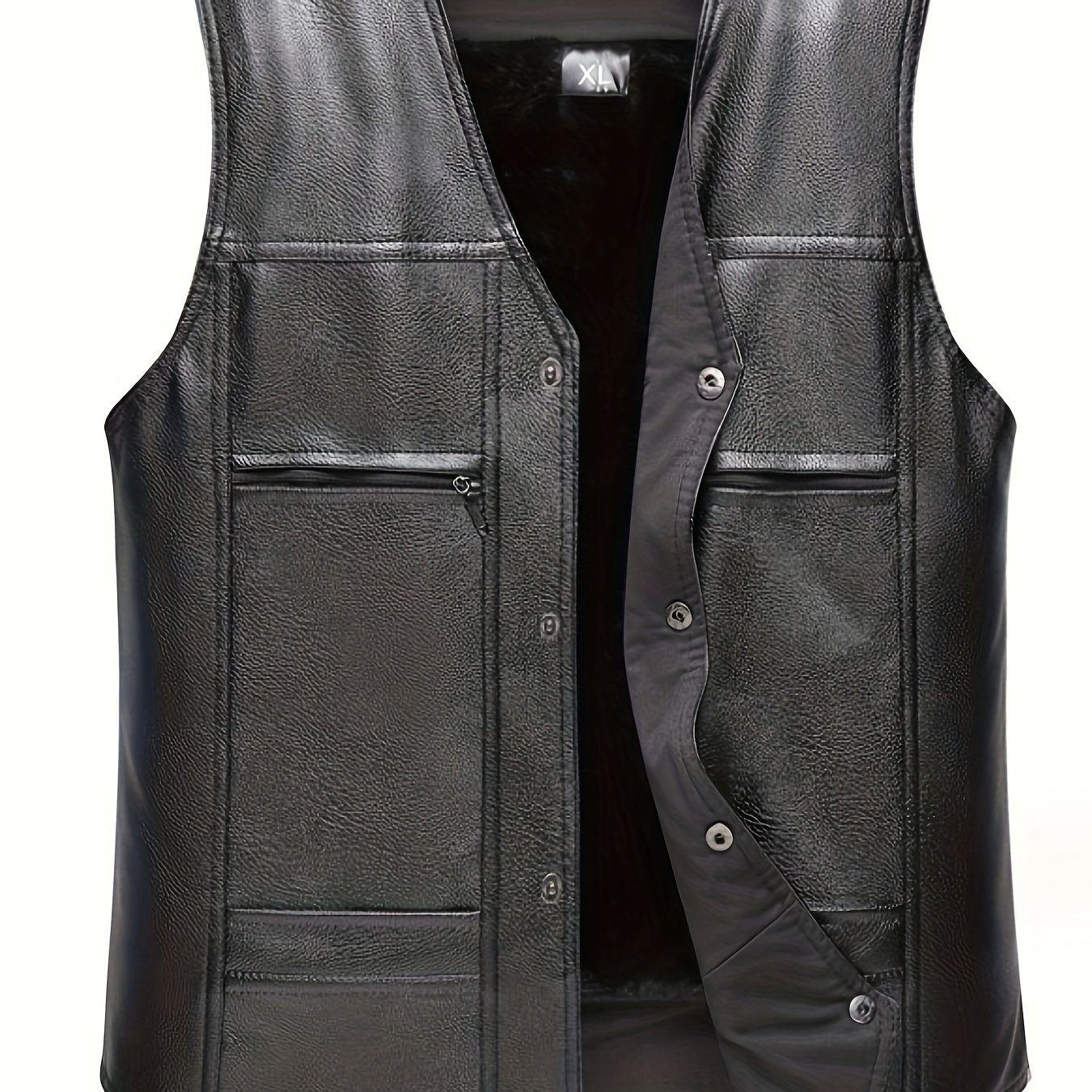 TEMU 1pc Men's Casual Fleece-lined Leather Vest - Solid Color Polyester Sleeveless Waistcoat With Pockets, V-neck, Non-stretch Fabric, Regular Length For Fall/winter, Thick