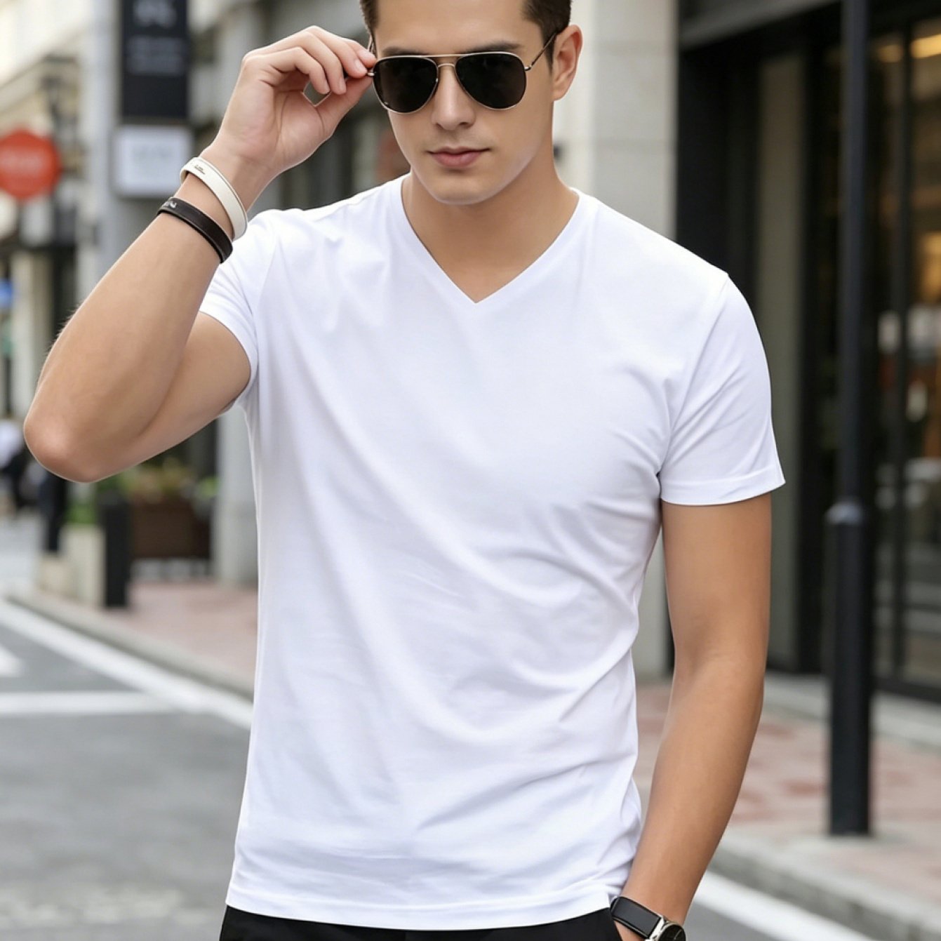 TEMU [printed Design - Non-textured] 2026 New Minimalist Style Template, Basic V-neck Short Sleeve, Effortlessly Casual Unconventional Western