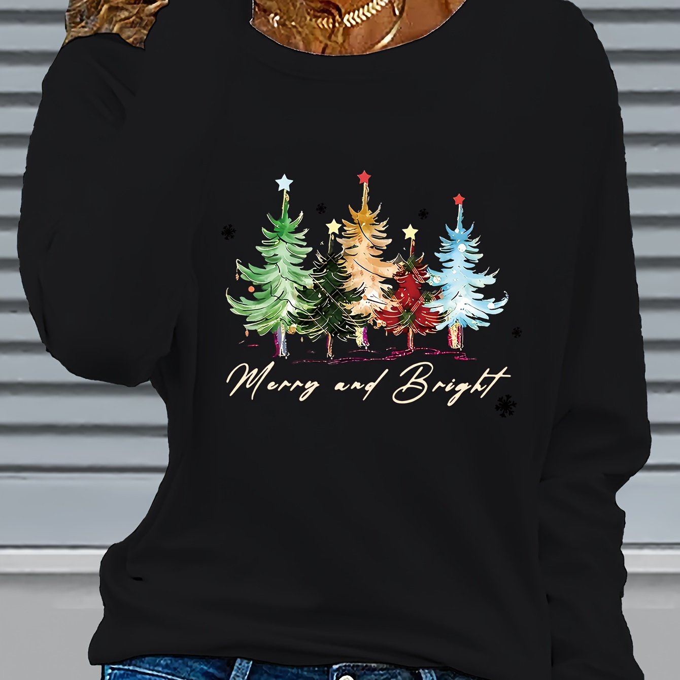 TEMU Chemise Femme à Manches Longues Col Rond - Imprimé Graphique Noël "Joyeux & Lumineux" avec Arbres et Décorations, Haut Confortable pour Automne