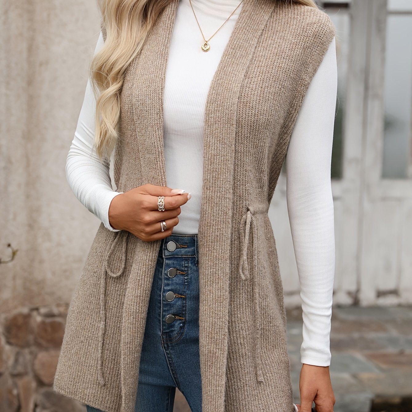 TEMU Women's Autumn Winter New Style, Elegant Casual, Fashionable Easy Versatile, Daily , Outing Vacation Date, Drawstring Waist Belt, Lapel Cardigan