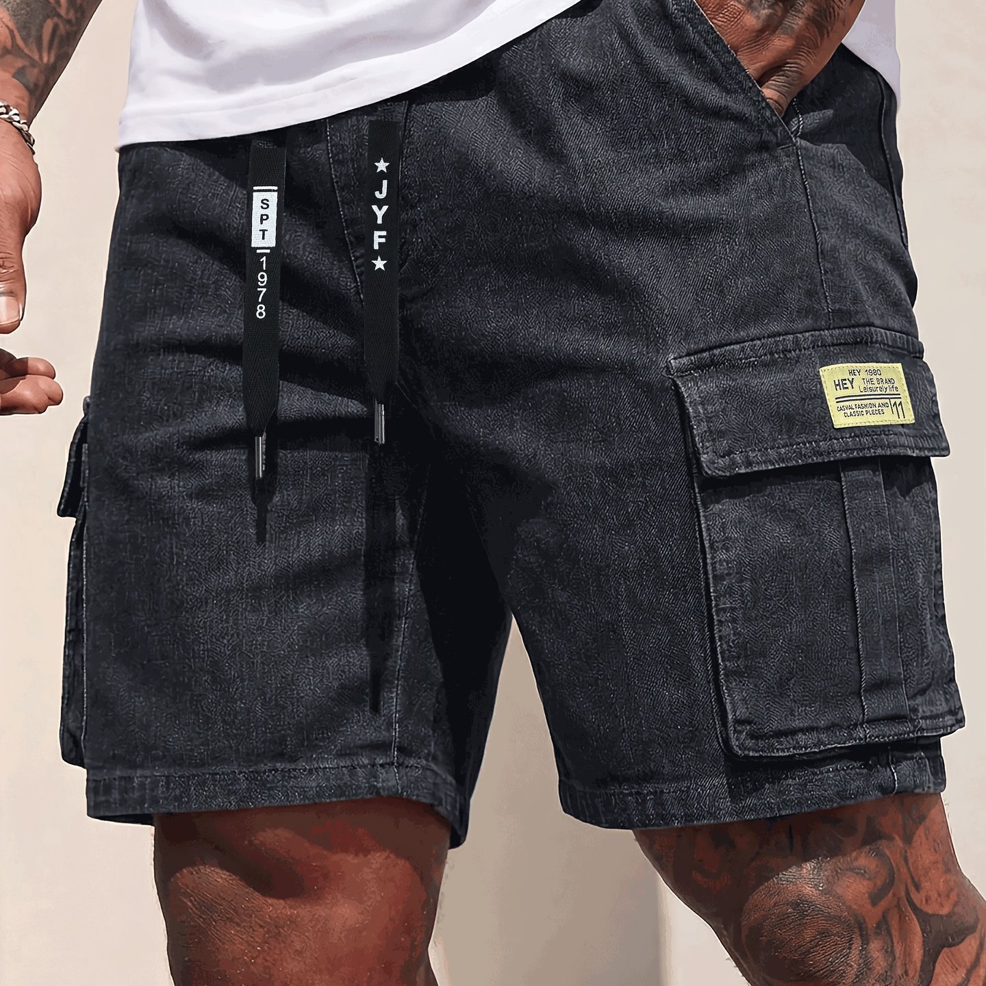 Image of Men's Summer Washed Workwear Denim Shorts - Heavyweight Washed Fabric, Soft And Comfortable, Elastic Waistband With Drawstring Design, Denim Workwear Knee-length Pants For Men's Summer