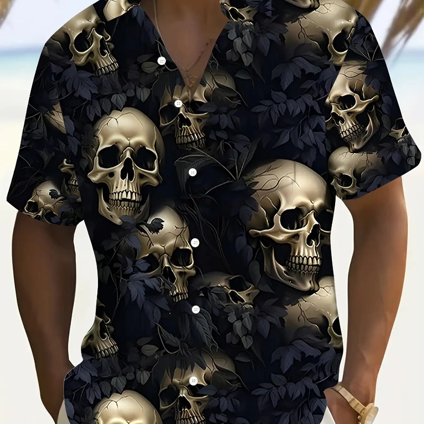 TEMU Men's Skull And Rose Print Short Sleeve Shirt - Casual Button-up Summer Beach Shirt With Pocket, Non-stretch Polyester, Machine Washable For