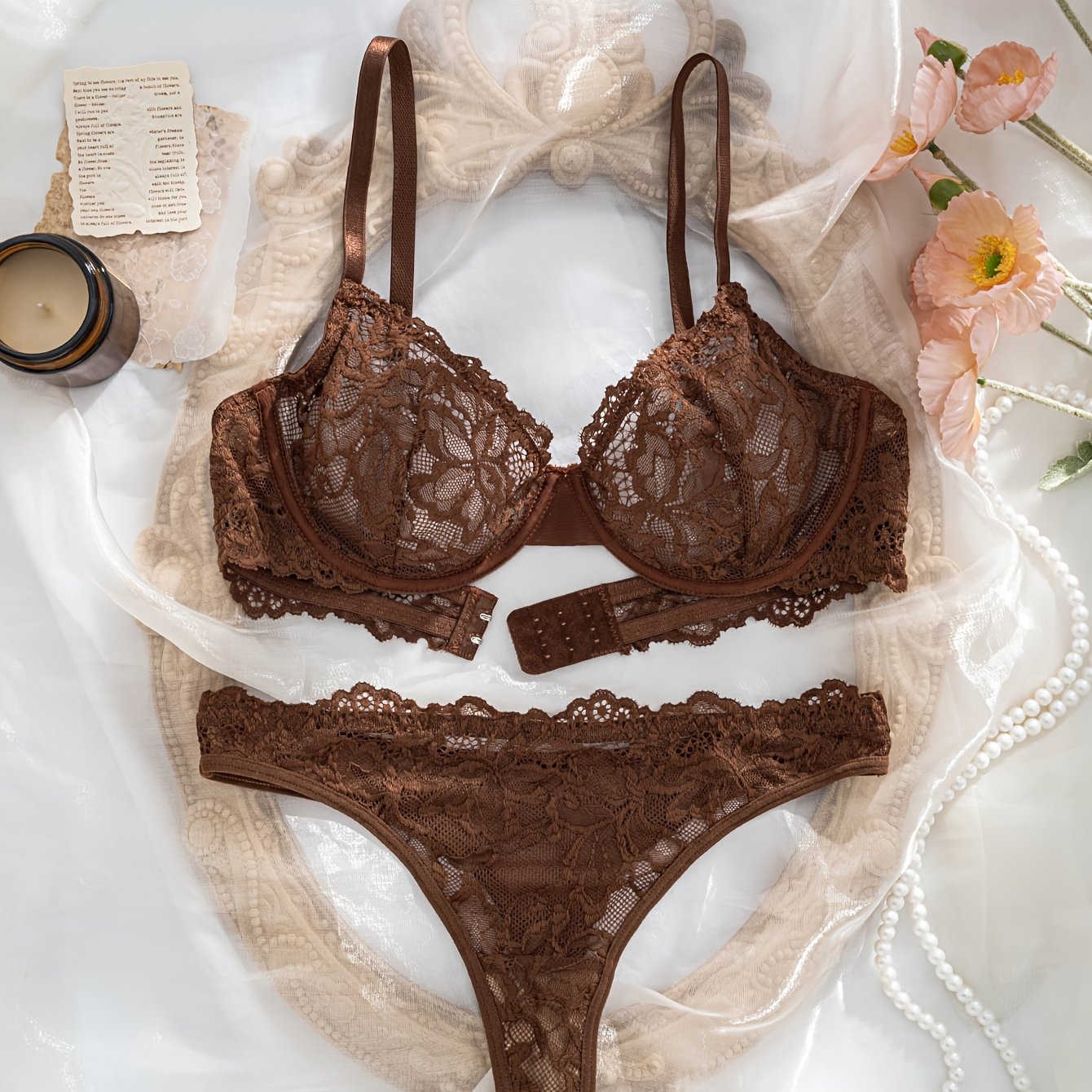TEMU Ensemble de lingerie pour femme, soutien-gorge à armatures à bonnets fins en dentelle marron