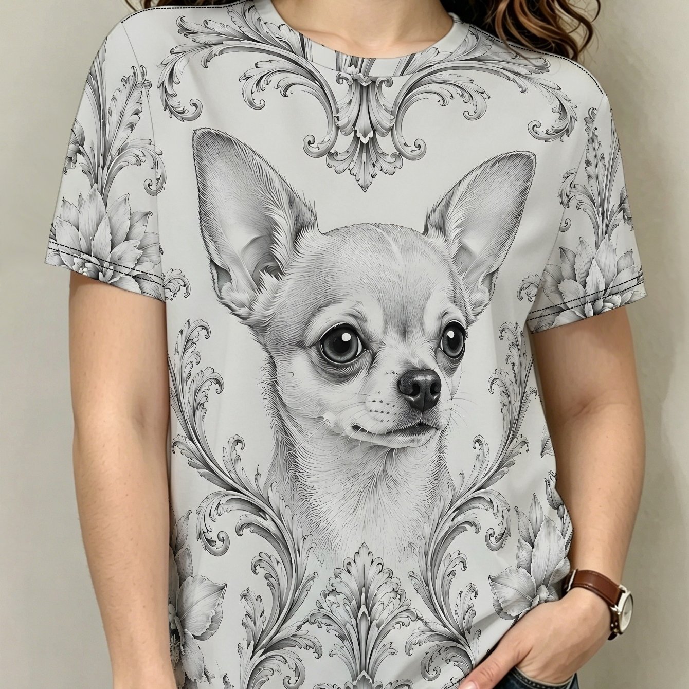 TEMU Chihuahua Baroque Flower Portrait Women S Casual Short Sleeve T-shirt Printed Design - Not Textured/embroidery/sequins