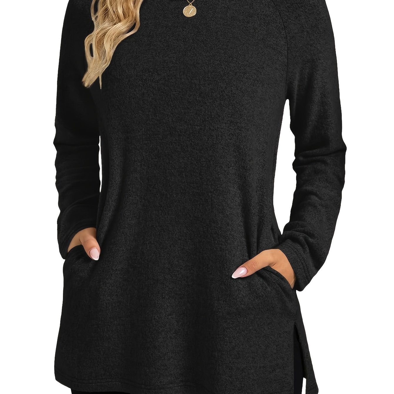 TEMU T-shirt long ample et long pour femme avec poches - Coupe ample, col rond, manches longues - Haut compatible, couleur unie, lavable en machine -