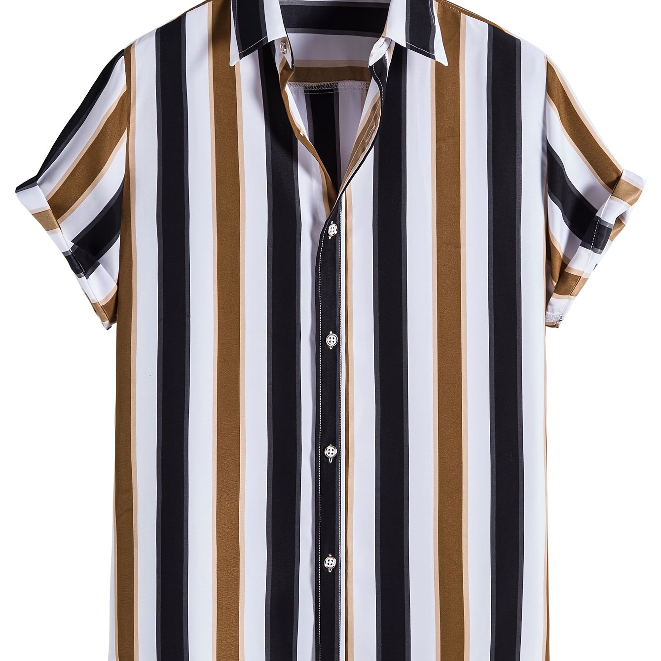 TEMU Men's Retro Striped Short Sleeve Shirt, 100% Polyester, Quick-dry Wrinkle-resistant Fabric, Turn- Collar Casual Button, Ideal For Daily Wear,