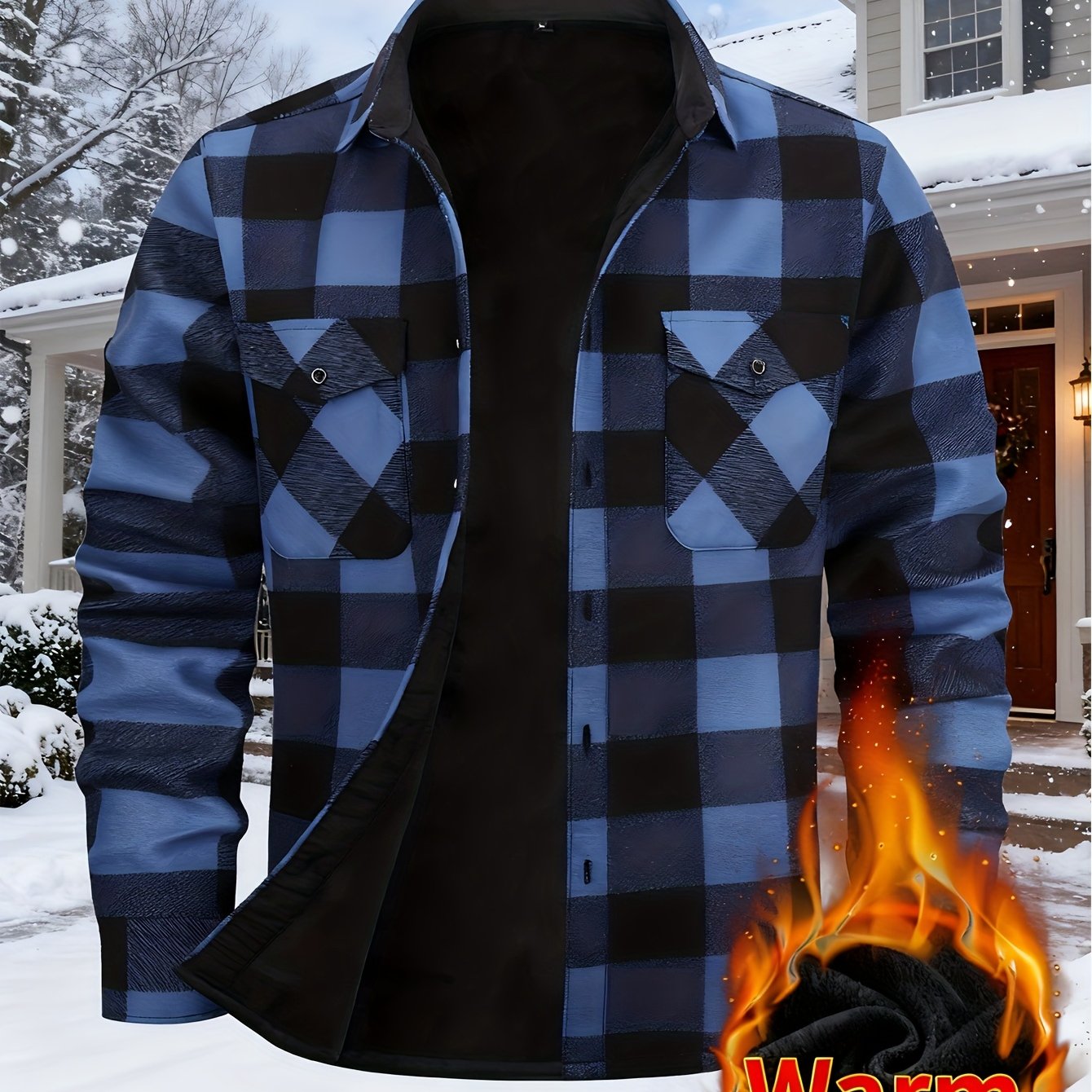 TEMU Men's Thickened Flannel-lined Warm Plaid Casual Shirt For Autumn/winter, Winter Flannel Dress Shirt, Warm And Suitable For Parties, Skiing, And