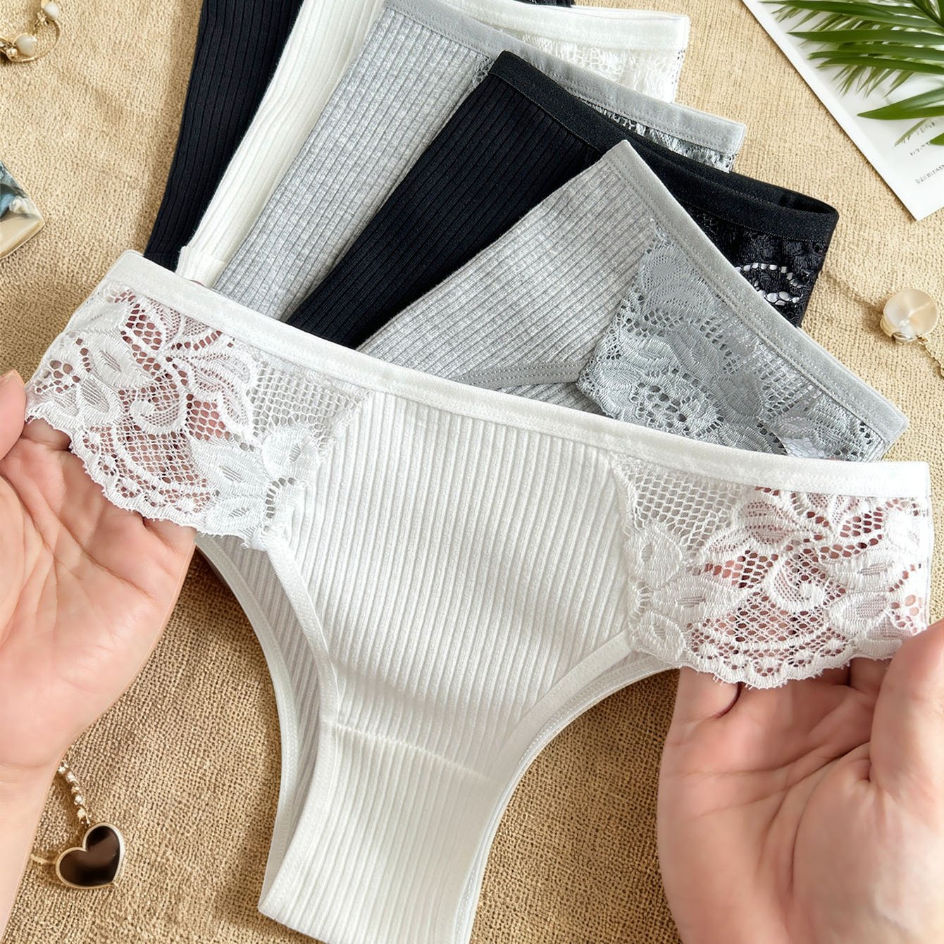 Image of 6pcs Women's Elegant Lace Trim Briefs | Breathable, Comfortable Solid Color Underwear In Black, White, Gray | Mid Rise, Ribbed Texture, Contrast Lace Detail