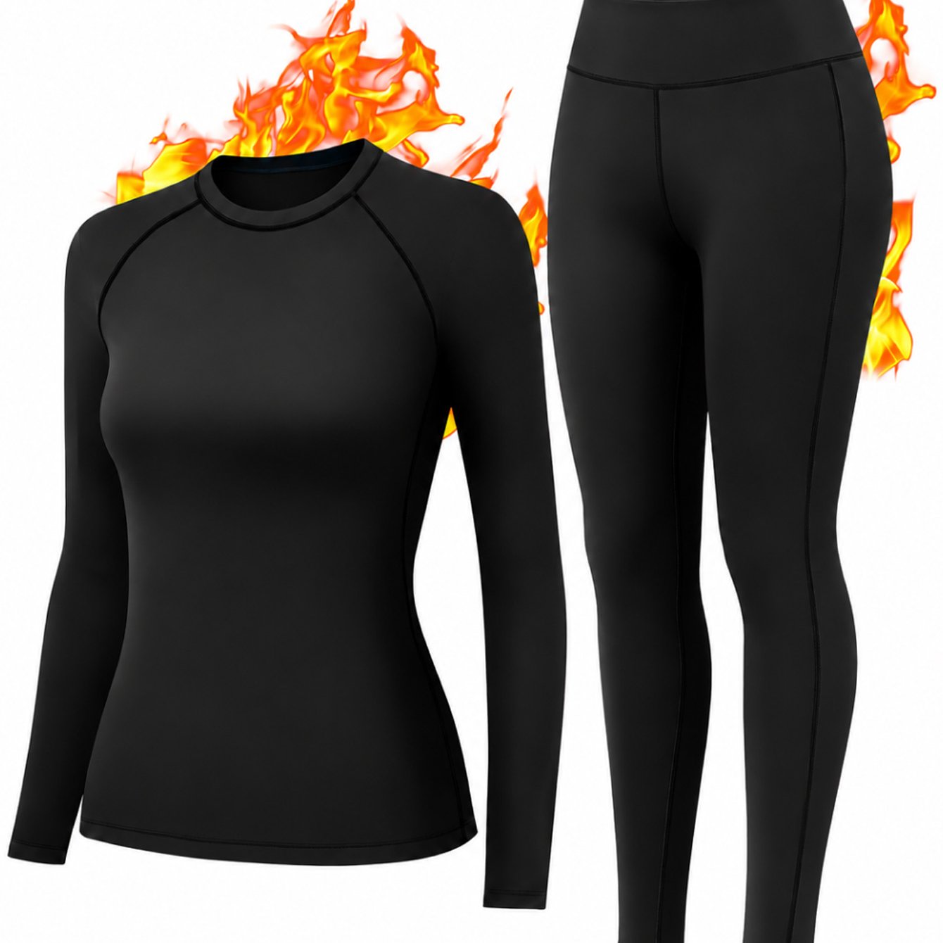 Image of Women's Thermal Underwear Set, Fleece Lined Long Sleeve Top With High Waist Leggings, Winter Warm Base Layer For Skiing Outdoor Daily Wear - Slim Fit Black