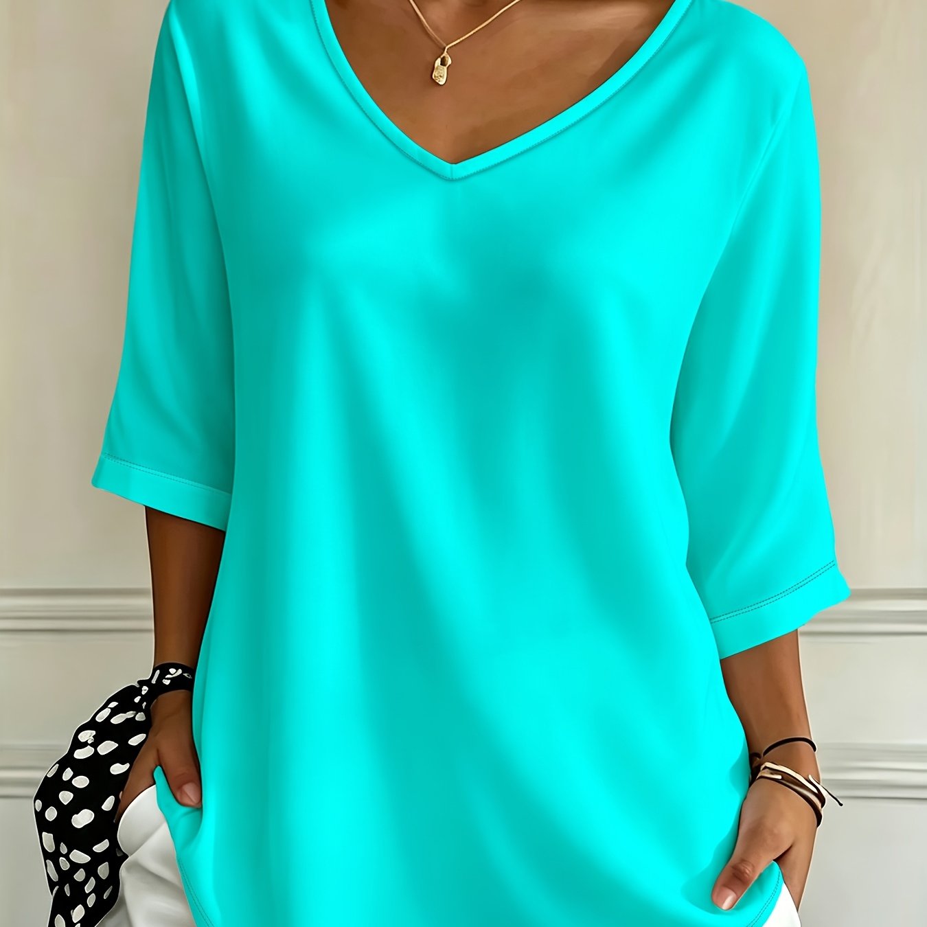 TEMU Plus Size - Casual Fashion Holiday New Women's Loose Plus Size V-neck Three-quarter Sleeve, Bright Solid Color Fresh Outing