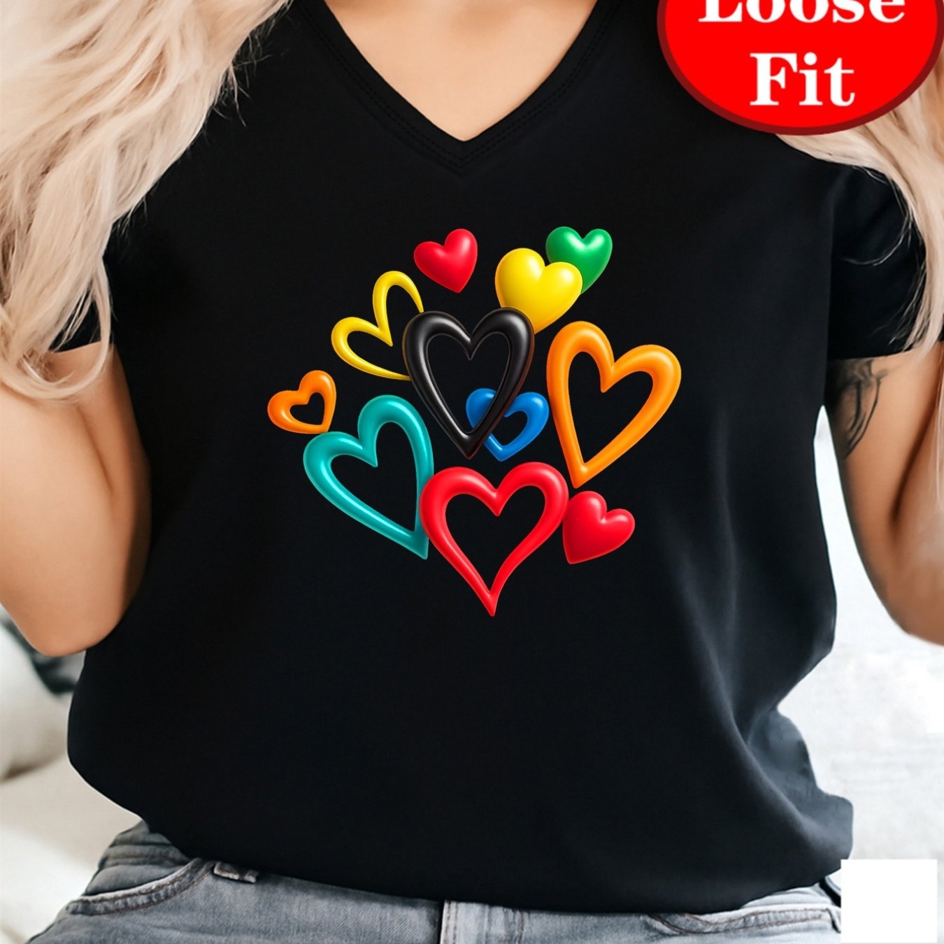 TEMU Colorful Heart Print Valentine's Day V-neck Short Sleeve T-shirt, Spring/summer Casual Top, Plus Size Women's Clothing