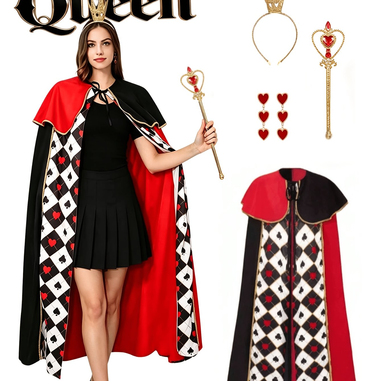 TEMU Adult "queen Of Hearts" Cosplay Cape, Complete With Crown, Scepter, And Earrings, Suitable For Carnivals, Music Festivals, Parties, Stage