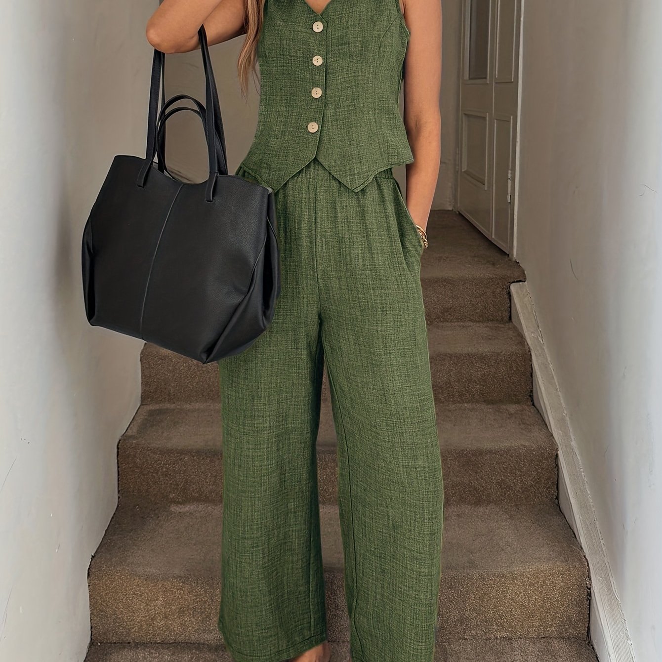 TEMU Women's Casual Sleeveless Vest And Long Pants 2pcs Set, Vest Set/casual Outfit