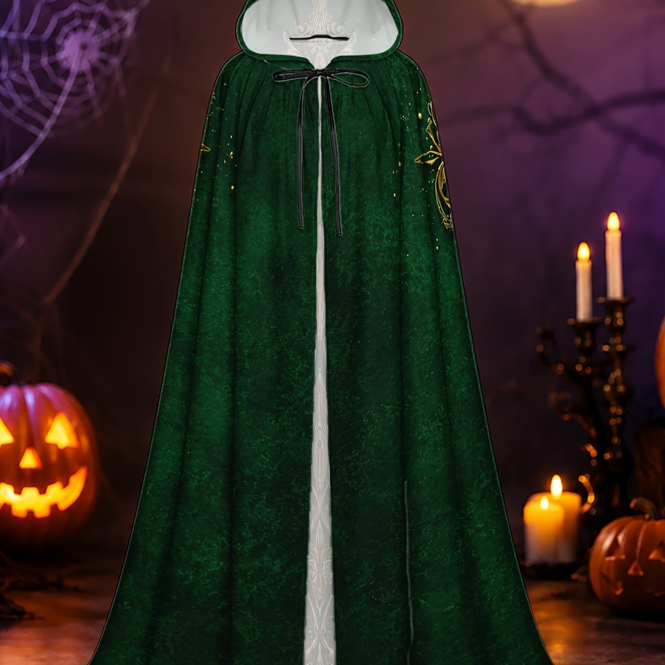 TEMU 1pc Men' & Women' Wizard Robe & Elf Cape Costume - Green Hooded Cloak With Ornate Golden Suitable For Halloween, Christmas Cosplay, Themed