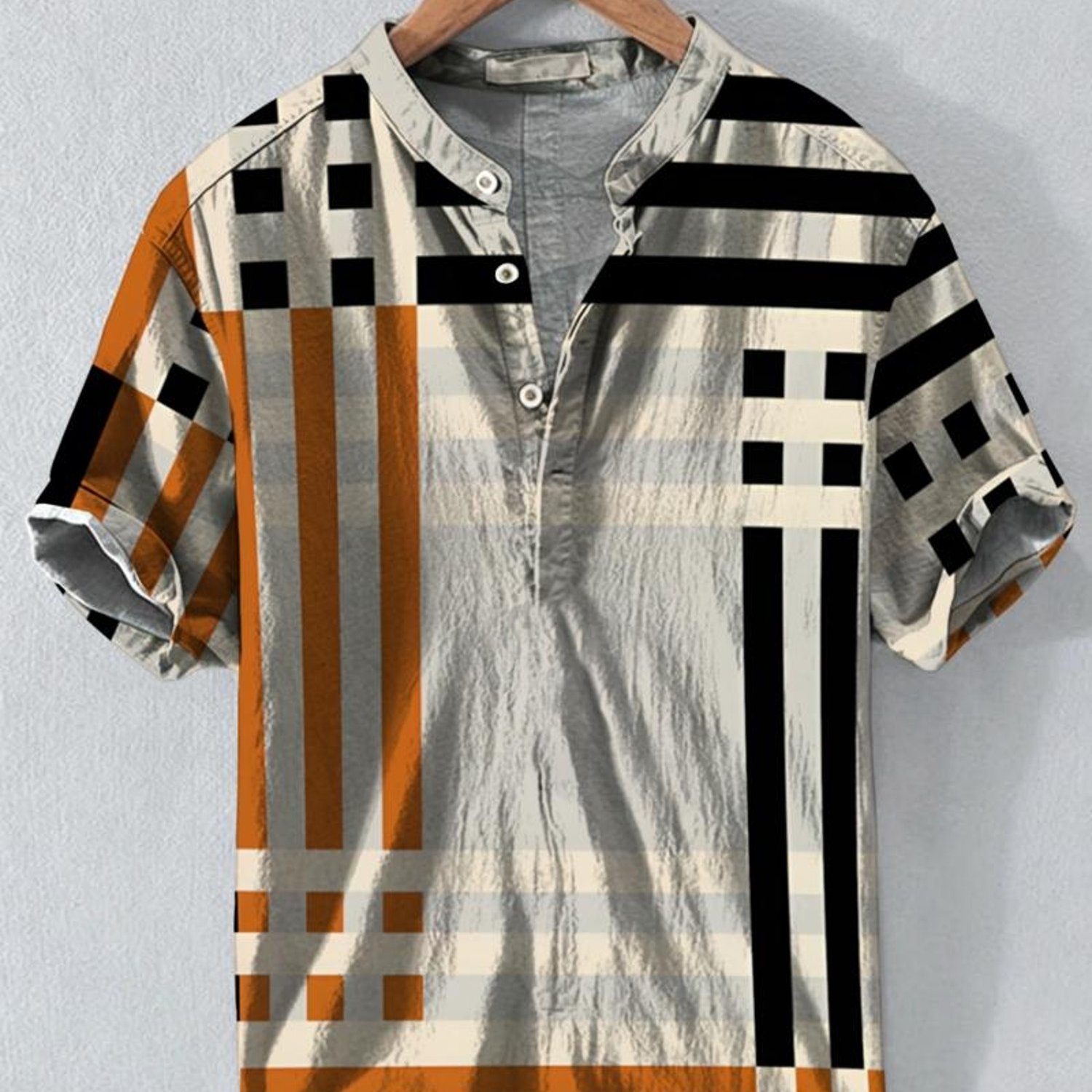 Image of Men's Collar Shirt, Geometric Art Print, Polyester Fabric, Casual And Comfortable, Multiple Sizes , Mixed Colors, Suitable For Daily Wear, Modern Minimalist Style