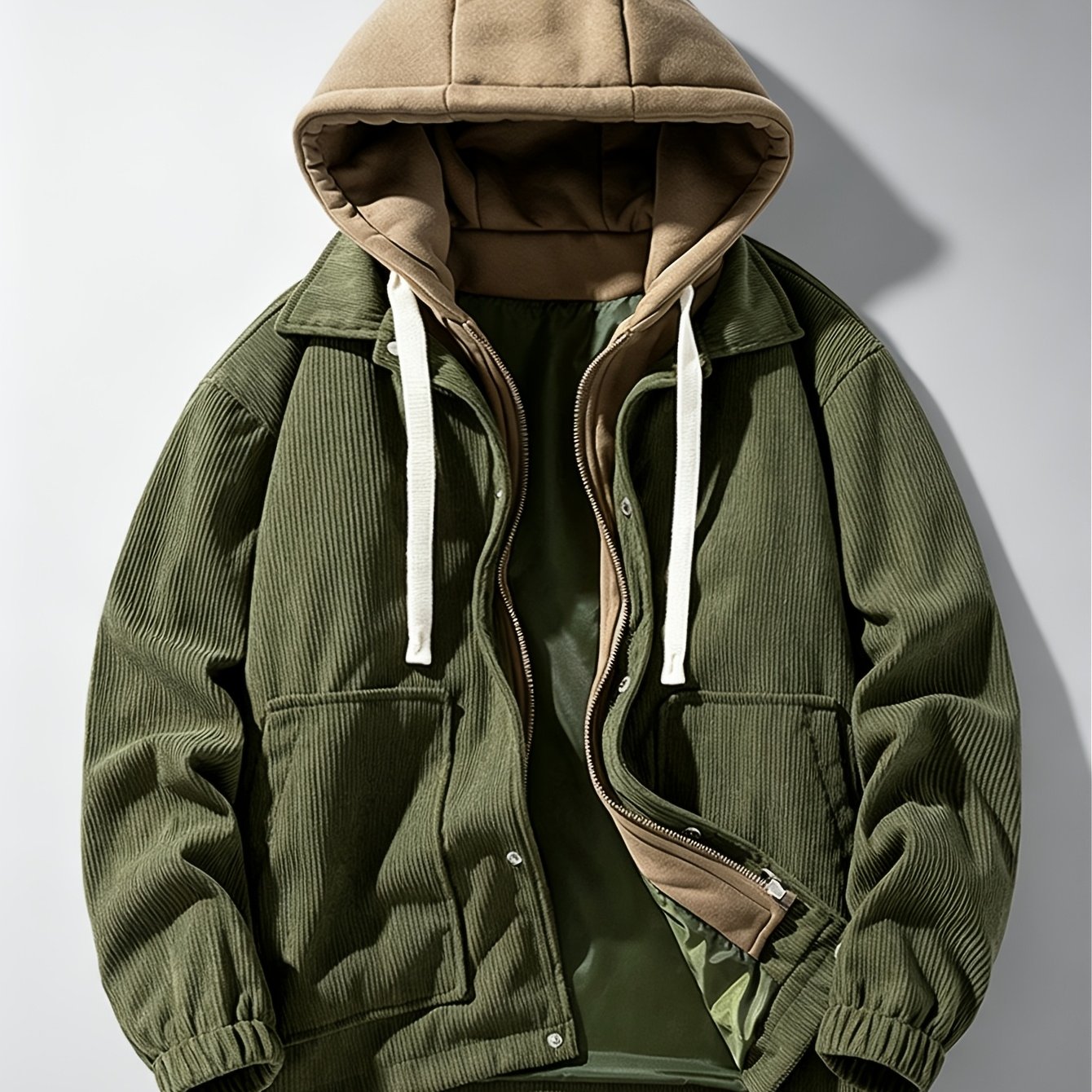 Image of Vintage Workwear Corduroy 2-in-1 Look Jacket For Men, Autumn/winter Casual Youth Student Versatile Hooded Outerwear