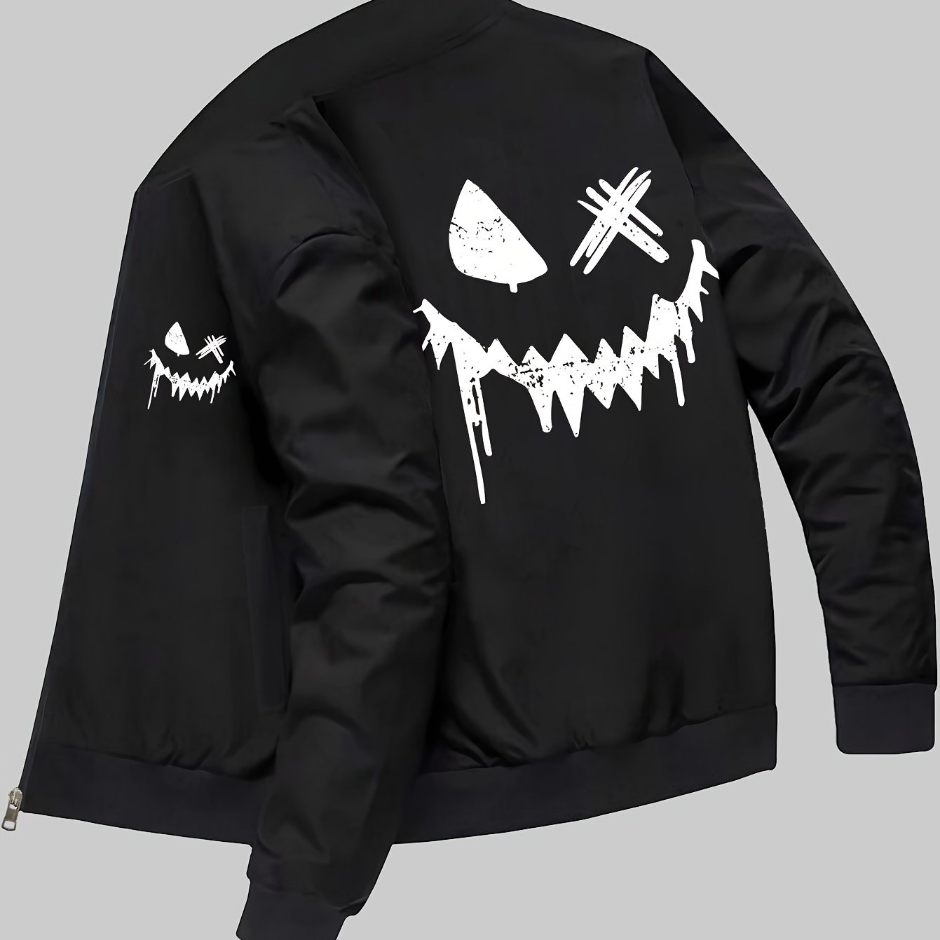 Men's Pattern Print Baseball Collar Long Sleeve Zipper Pocket Jacket, Autumn Winter, Polyester, With Stretch Knit Fabric, Regular Fit, All-seaso