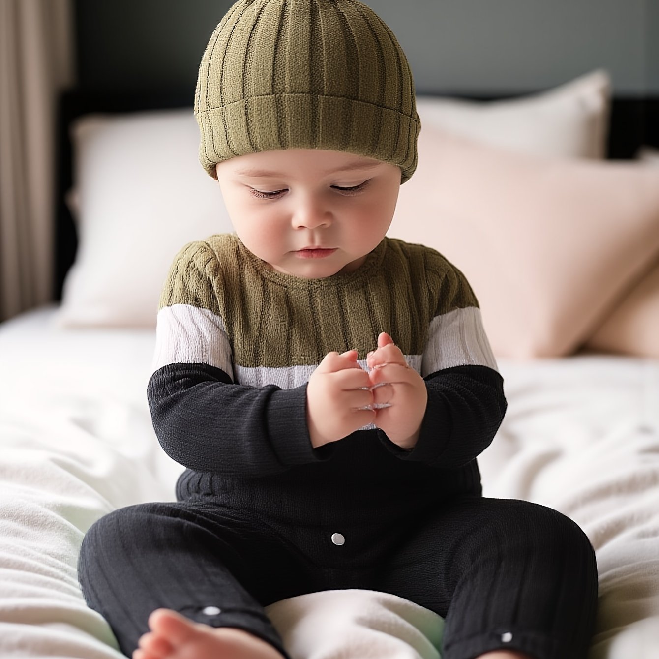 Boys' Block Long Sleeve Romper With Hat, Perfect For Outdoor