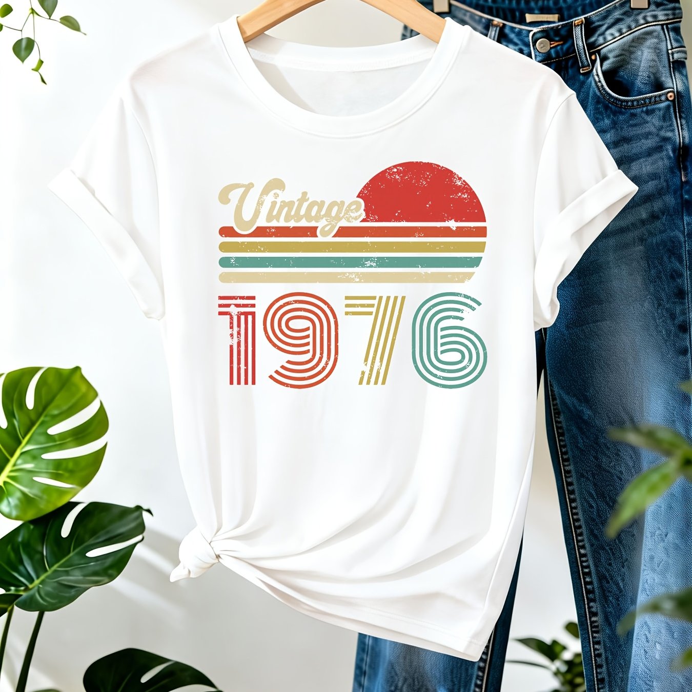TEMU Vintage 1976 50th Birthday Print T-shirt, Short Sleeve Crew Neck Casual Top For Summer & Spring, Women's Clothing