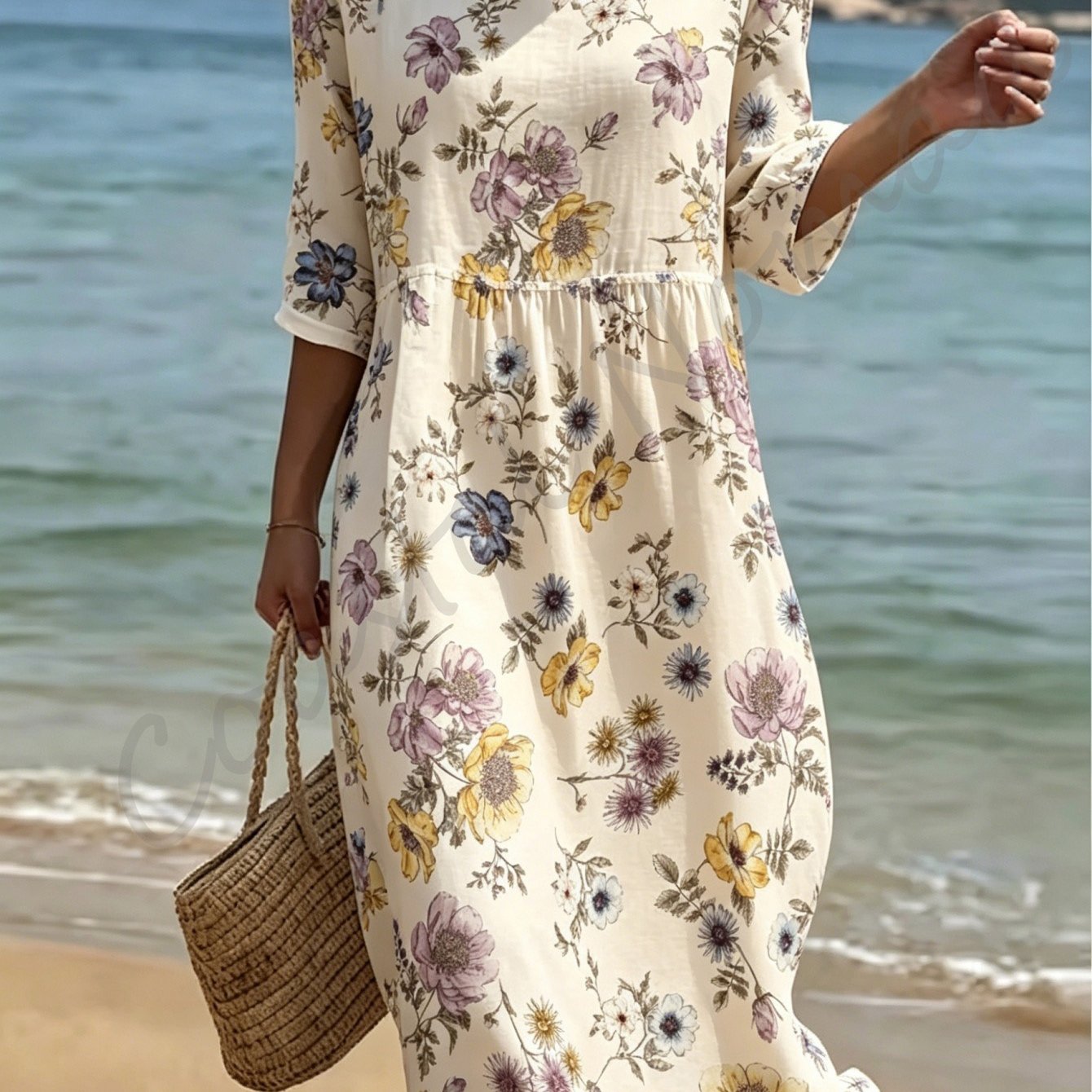 Image of Women's Style Dress, Round Neck And Three-quarter Sleeve Design, Polyester Fabric, French Pastoral Yellow/purple/blue Floral 2d Print Women's Dress.