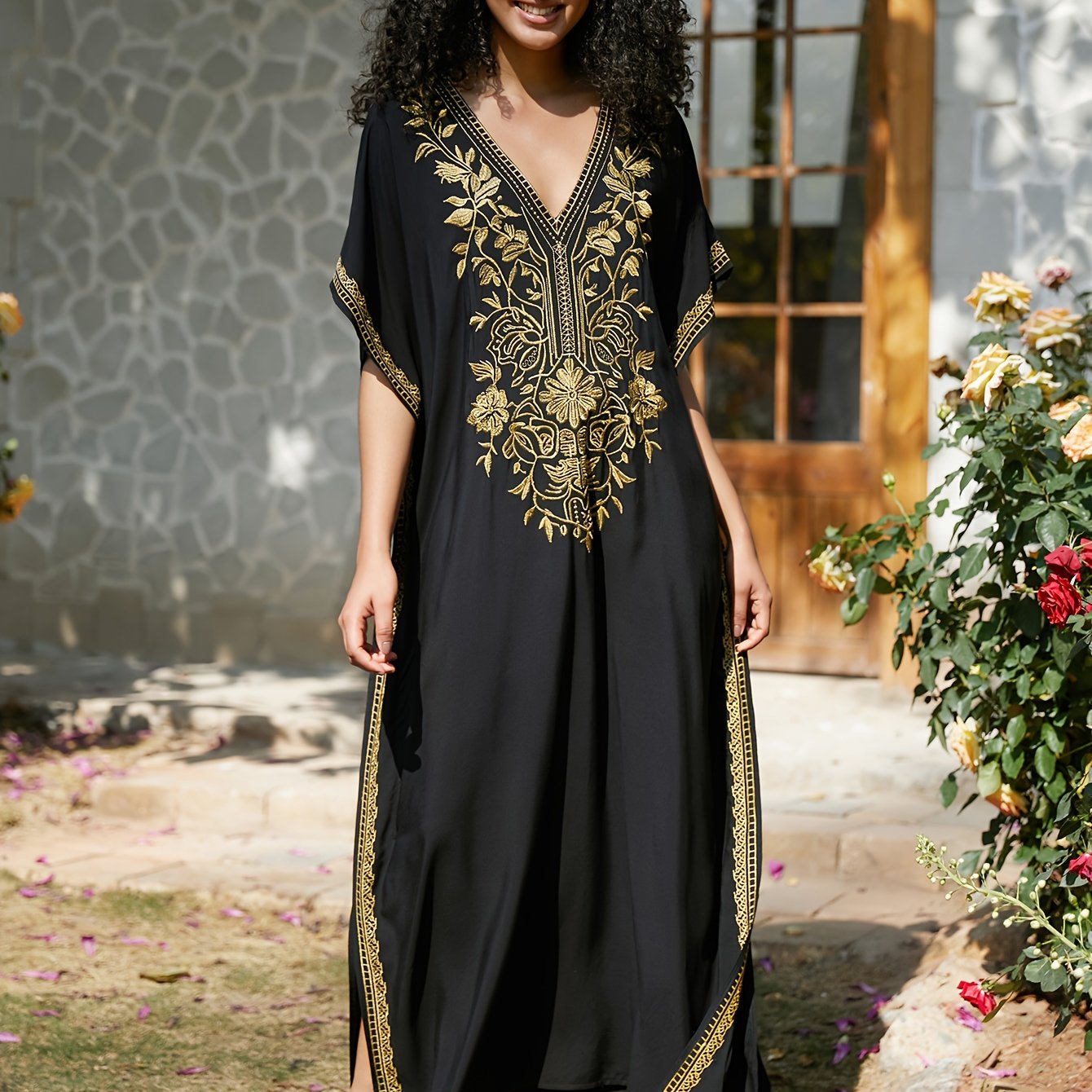 TEMU Plus Size - Plus Size - Women's Shirt With Ethnic Embroidery, Bikini Swimsuit For Beach Vacations, Casual Outerwear For Daily Wear, And A Loose Plus-size Dress