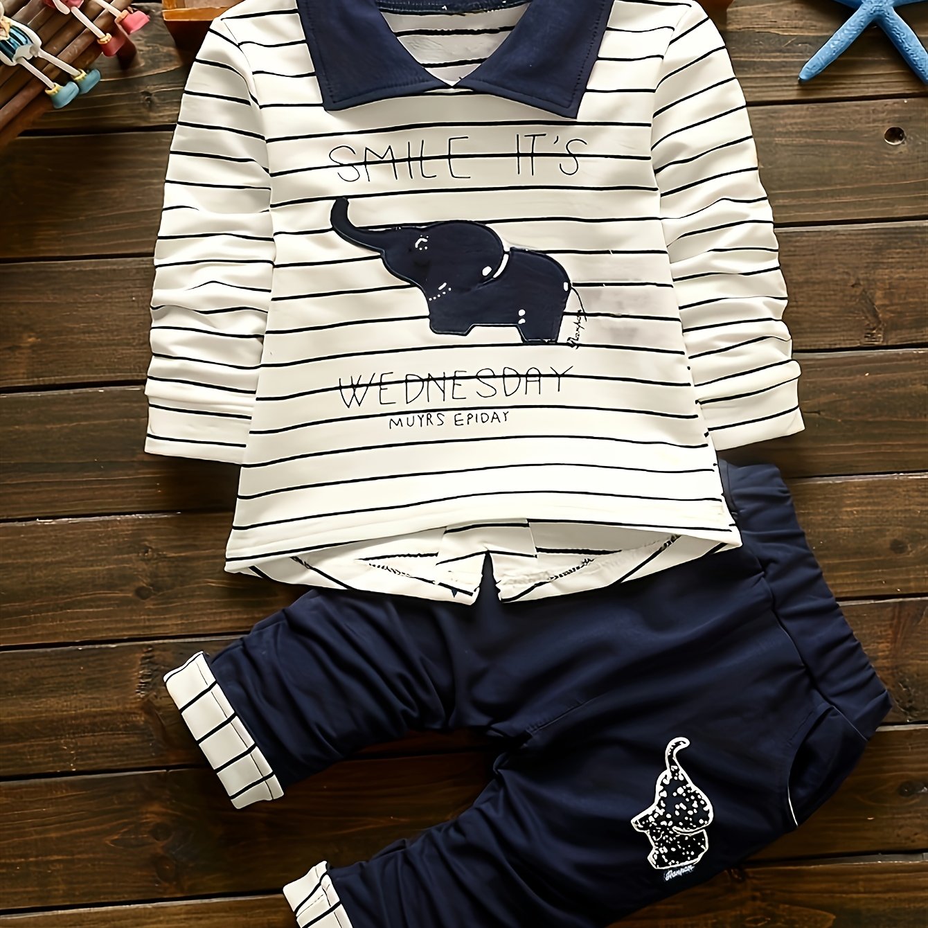 Image of (random White Print Position On Top) Boys' Elephant Long Sleeve Set, Baby Boy Spring Autumn Striped Print Fashion Casual 2pcs Outfit, For Outdoor