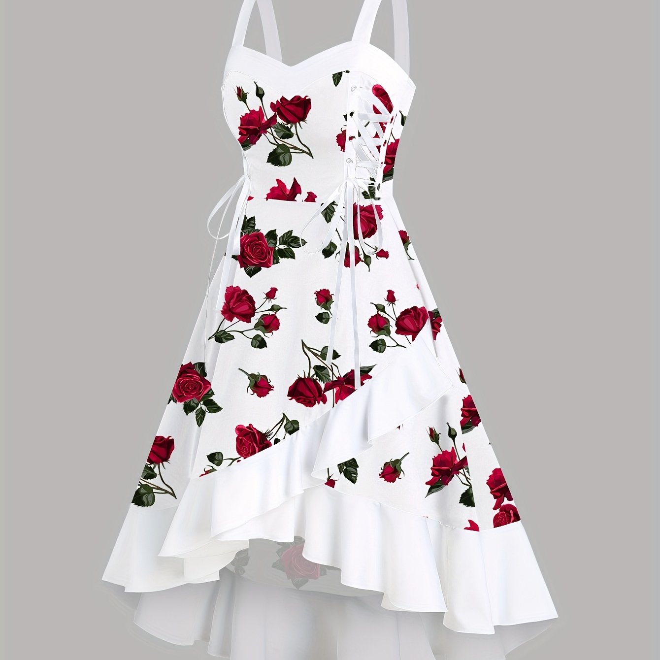 TEMU Women's Rose Print Tie-shoulder Cross-back High-low Hem Daily Casual Dress, Elegant Party Versatile Fashion Dress
