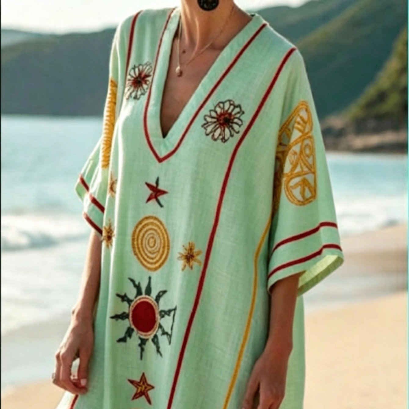 Image of Plus Size Women's Spring/summer V-neck Kaftan Long Dress, Vintage Print, Casual Versatile -sleeve Blouse, Bohemian Skirt, Blouse, Casual Dress, Perfect For And Pools