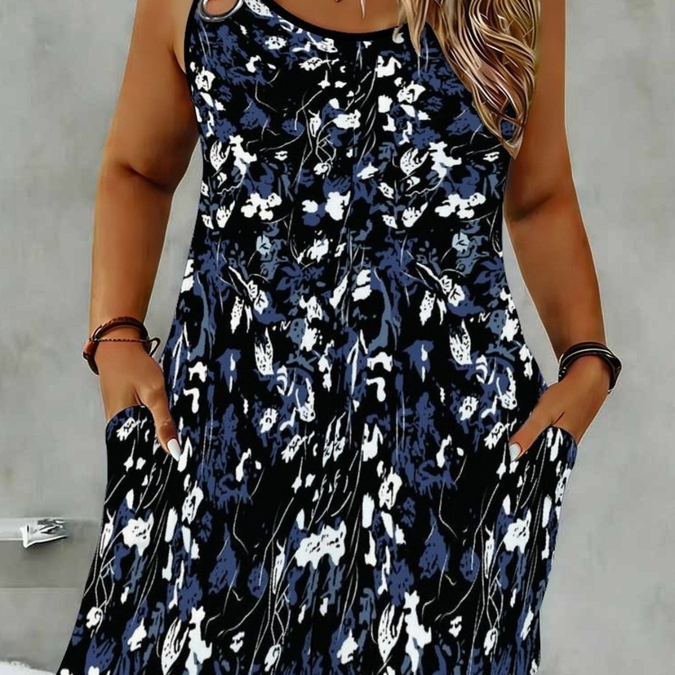 Plus Size, Plus Size Women's Summer Sleeveless Floral Printed Jumpsuit, Camisole Straps With Ring Buckles And , Machine Washable. Elegant Casual Summer Outer Piece, Suitable For Or .