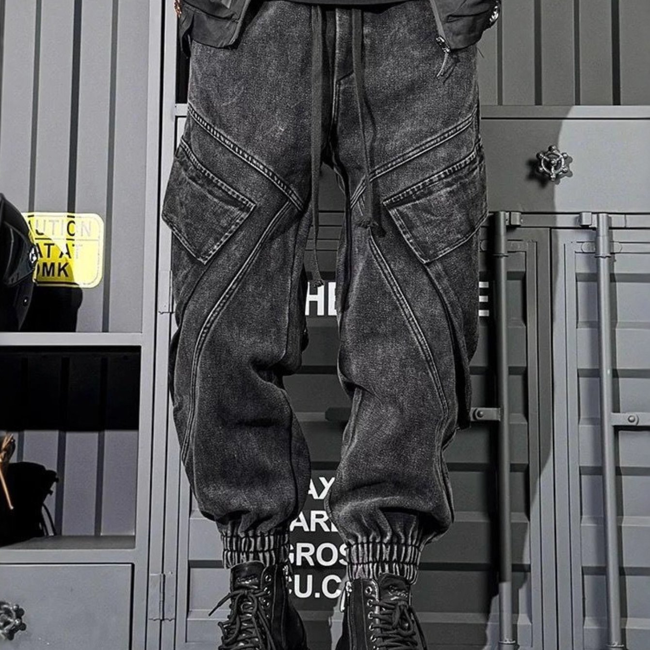 Men's Black Washed Cargo Jogger Jeans Streetwear Multi-pocket Drawstring Elastic Waist Denim Pants For Spring
