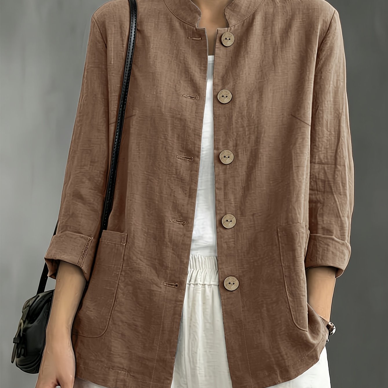 TEMU Chinese Style Small Collar Three-quarter Sleeve, Lazy Style Breathable Casual Vacation All-match Jacket