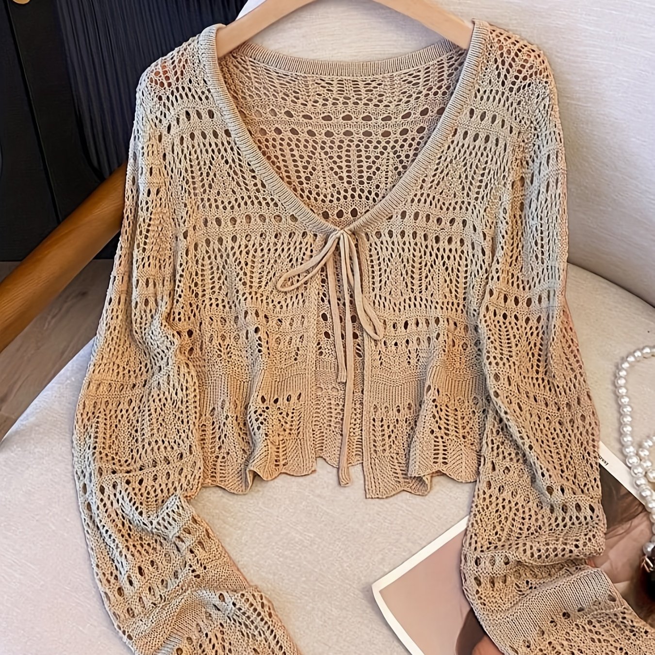 Design Hollow Lace-up Crochet Sunscreen Cardigan Women's Summer New Thin Temperament Long-sleeved Age-reducing Short V-neck Air-conditioning Shirt Top Women