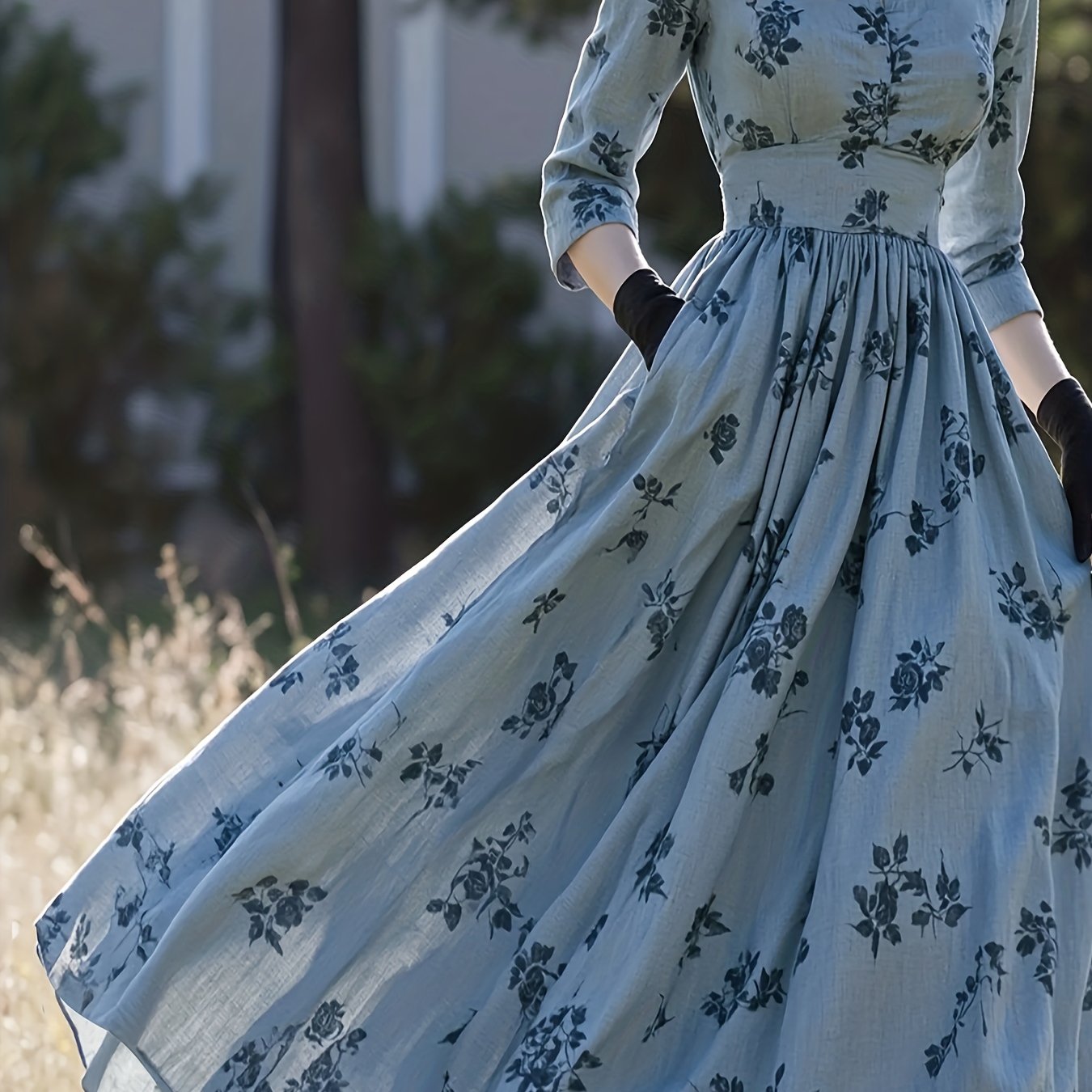E-shop Damenmode Elegantes Neues Stil Blau Vintage Blumenmuster Langkleid, Ganzjahrestauglich, Vielseitig, Stehkragen Hochtailliertes Design, Ideal für