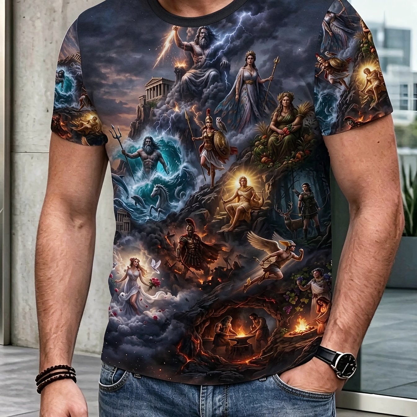 TEMU Men's T-shirt With Printed Design â Not Textured. Features A Portrait Of Greek Gods, Suitable For Occasions Such As Daily Commutes, Outdoor