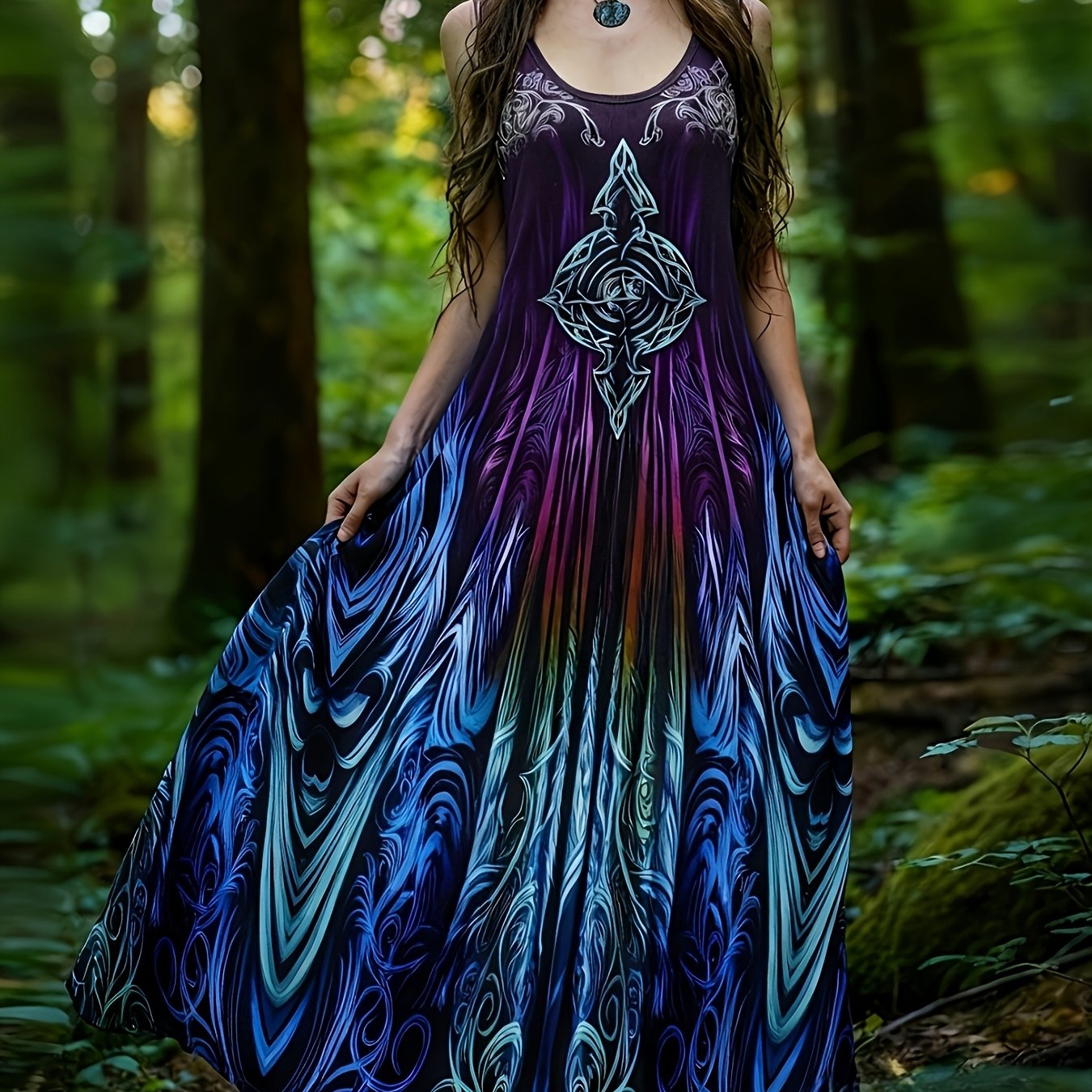 E-shop Plus Size - Plus Size - Plus Size Damen Viking Retro Maxikleid Rundhalsausschnitt Ärmellos Locker Totem Print Farbverlauf Ethnischer Waldstil