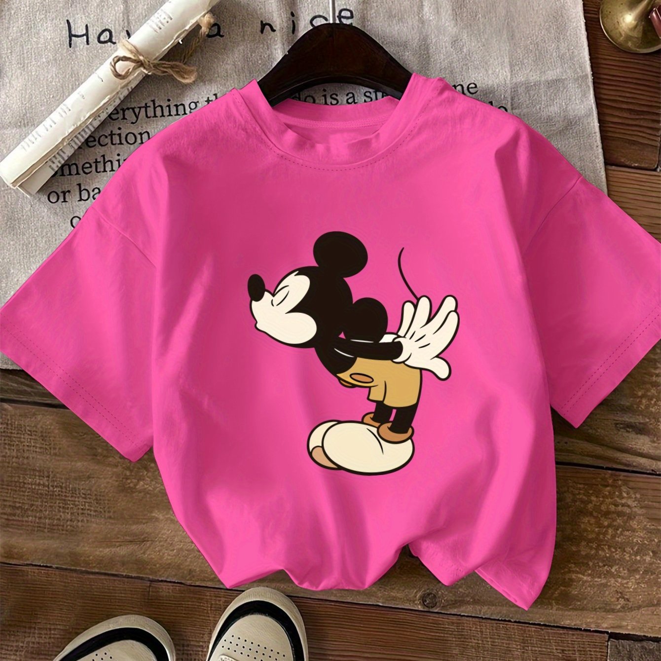 TEMU Плюс Размер - Плюс Размер Дамска Тениска с Графика на Мики Маус - Ежедневна с Кръгло Деколте, Къс Ръкав, Оверсайз Фит, Черна с Цветен Дизайн на