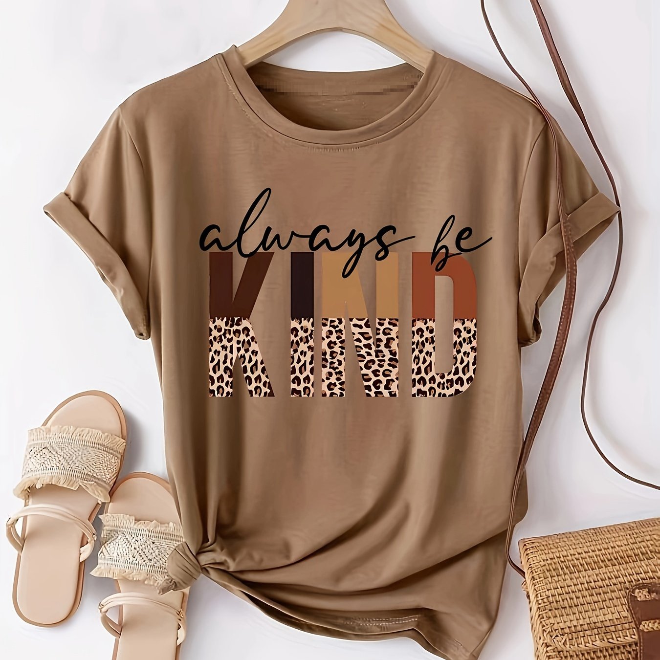 TEMU Kind Print Crew Neck T-shirt, Casual Short Sleeve Top For Spring & Summer, Women's Clothing