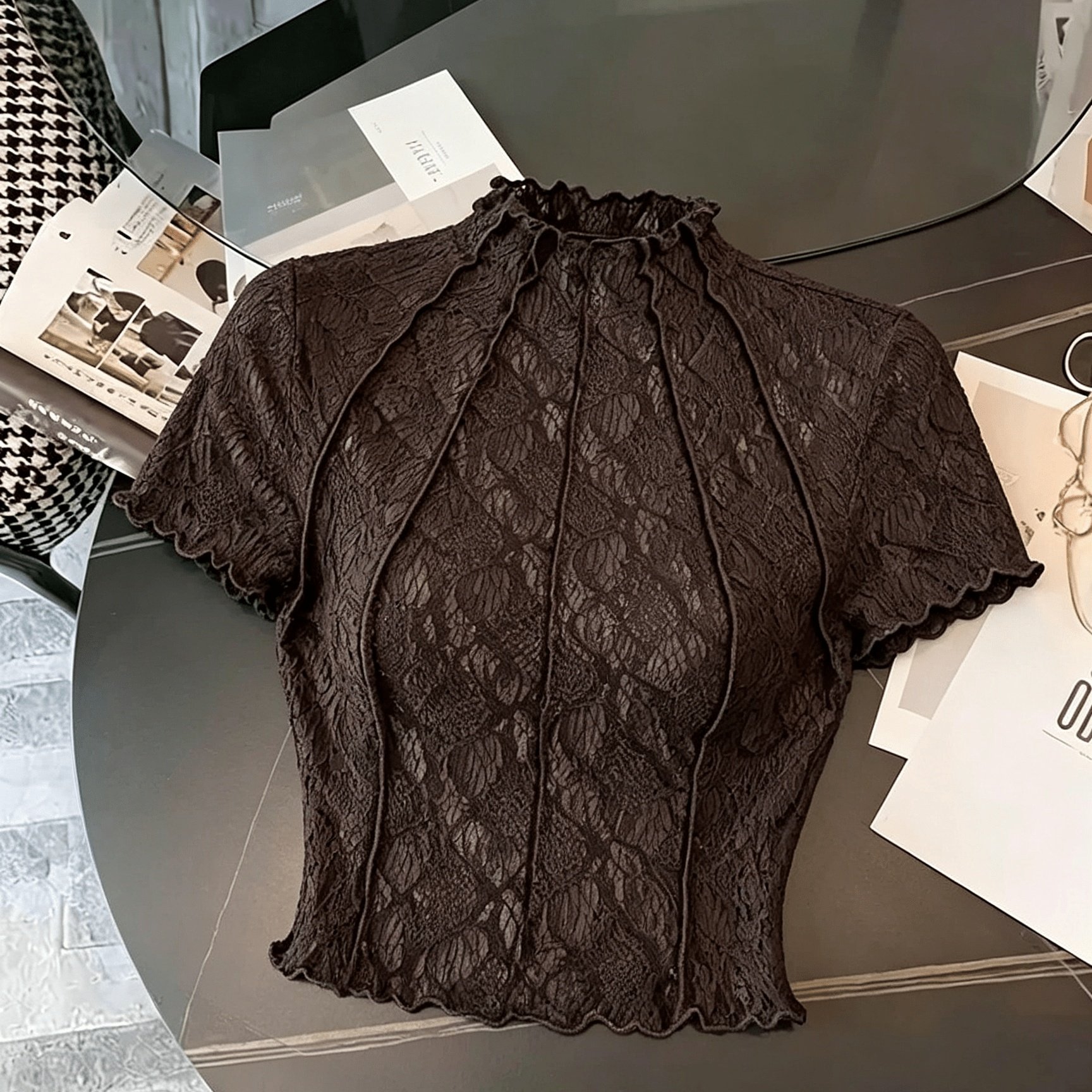 TEMU Lace Floral Jacquard Tulle Women's T-shirt, And Romantic, Suitable For Dates, Parties, Spring And Summer Wear, Spring Break, Vacation, Picnics,