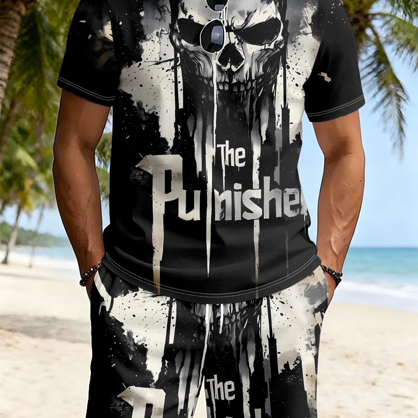 TEMU Men's Polyester Short Sleeve T-shirt And Shorts Set, Skull Print Individual And Bottom, Street Style Dark Aesthetic Athletic Casual 2pcs Outfit